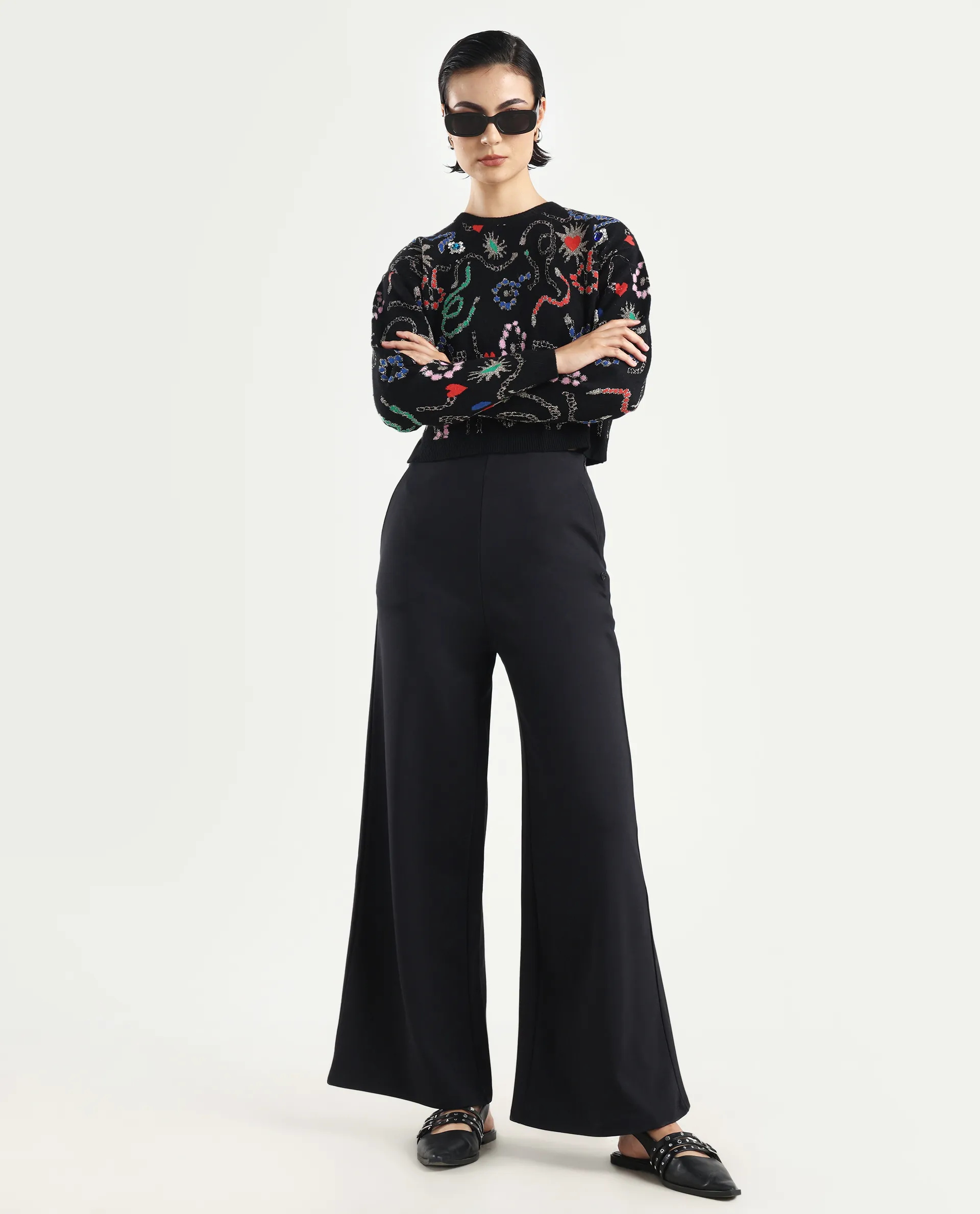 Rareism Women's Shoyon Black Cotton Blend Plain Midi Wide Trouser