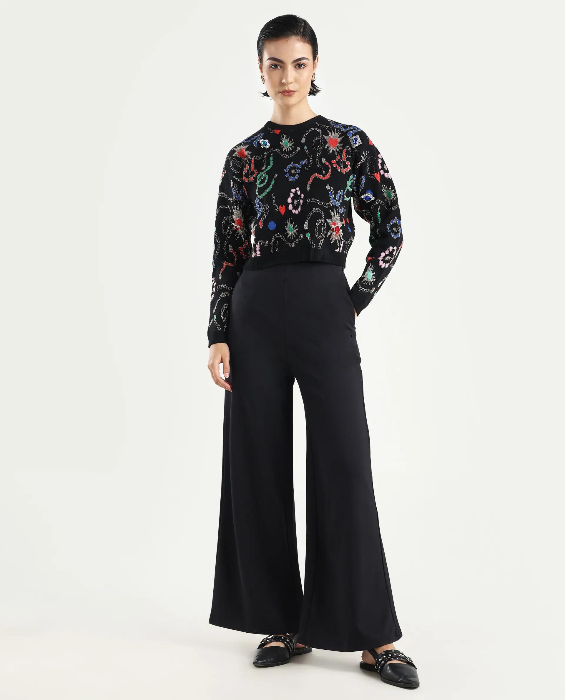 Rareism Women's Shoyon Black Cotton Blend Plain Midi Wide Trouser - Image 2