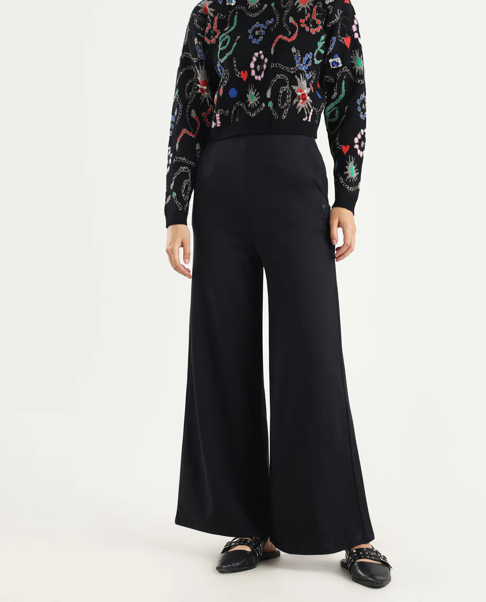 Rareism Women's Shoyon Black Cotton Blend Plain Midi Wide Trouser - Image 3