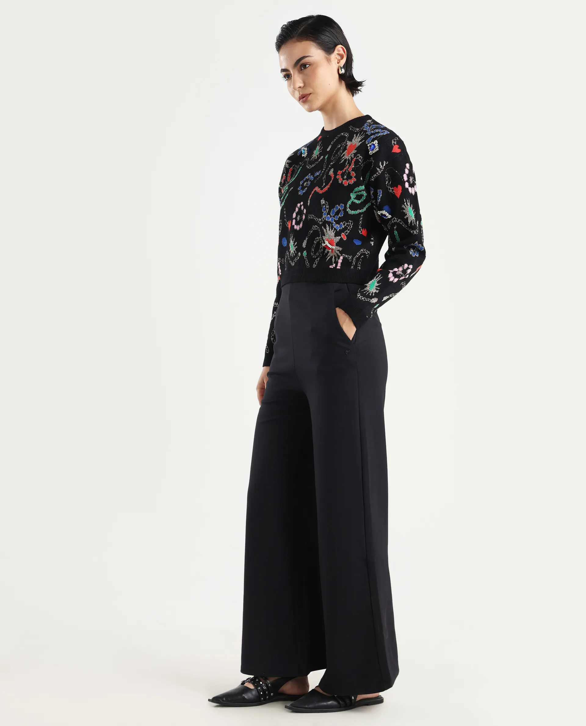 Rareism Women's Shoyon Black Cotton Blend Plain Midi Wide Trouser - Image 5