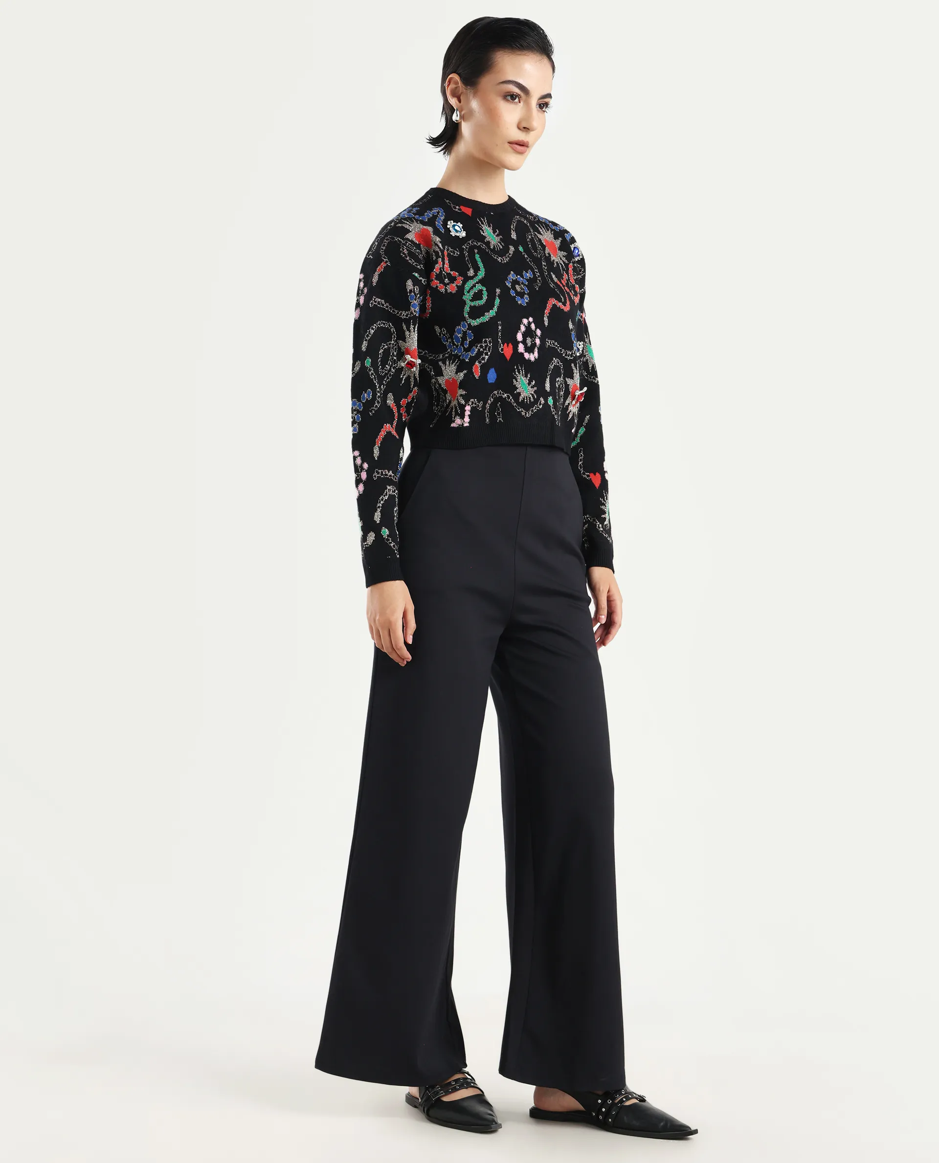 Rareism Women's Shoyon Black Cotton Blend Plain Midi Wide Trouser - Image 6