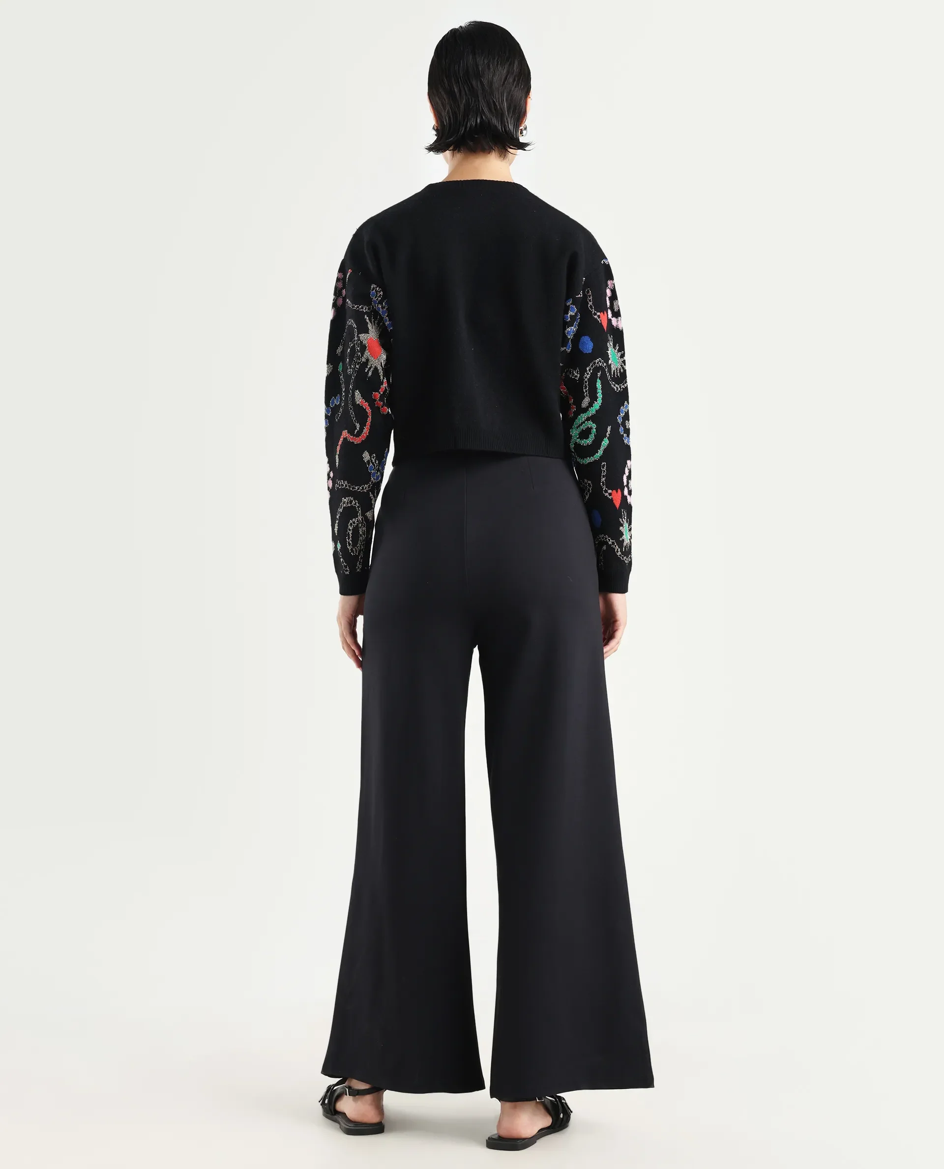 Rareism Women's Shoyon Black Cotton Blend Plain Midi Wide Trouser - Image 7