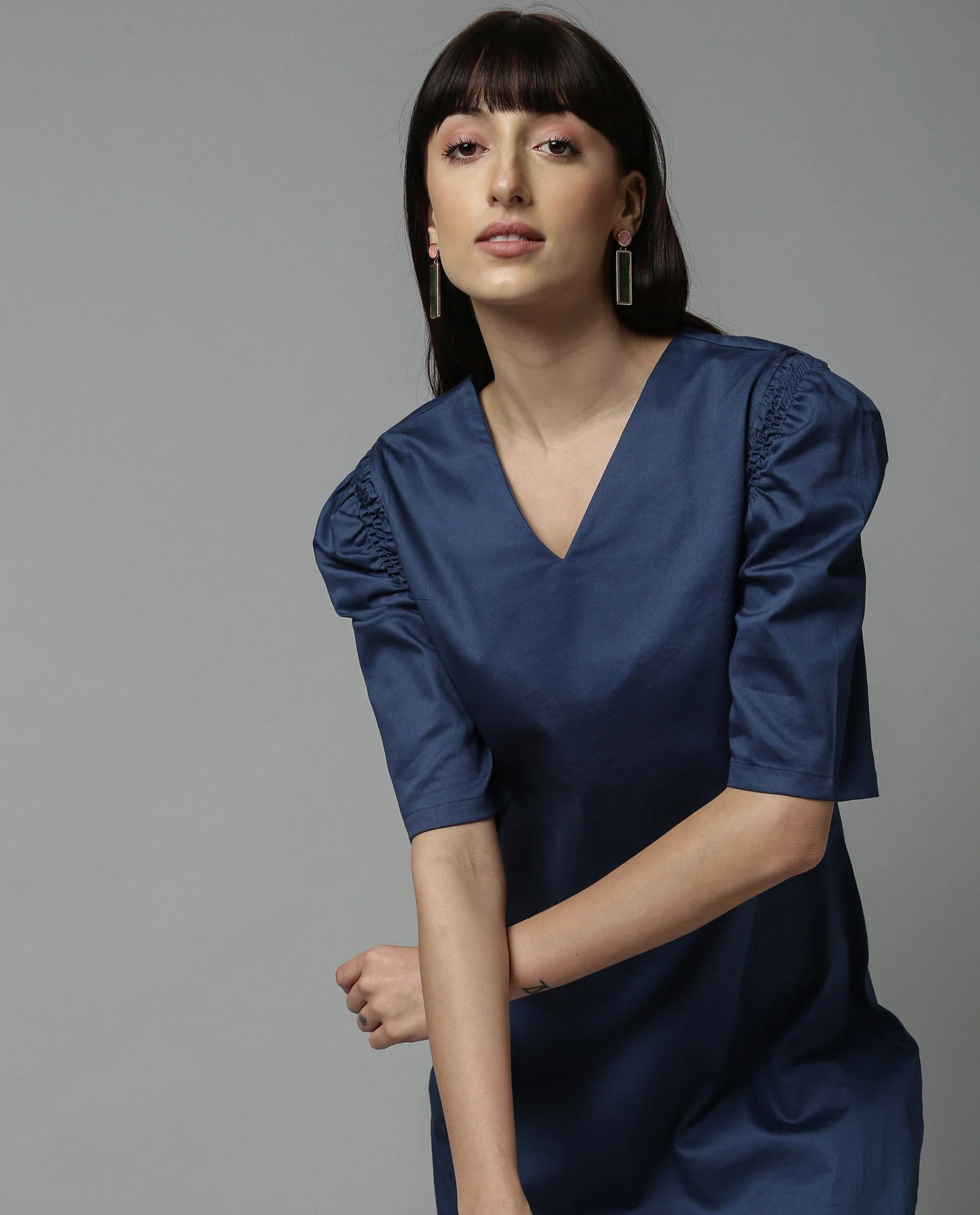 Rareism Women Shreli Blue Dress Short Sleeves Solid