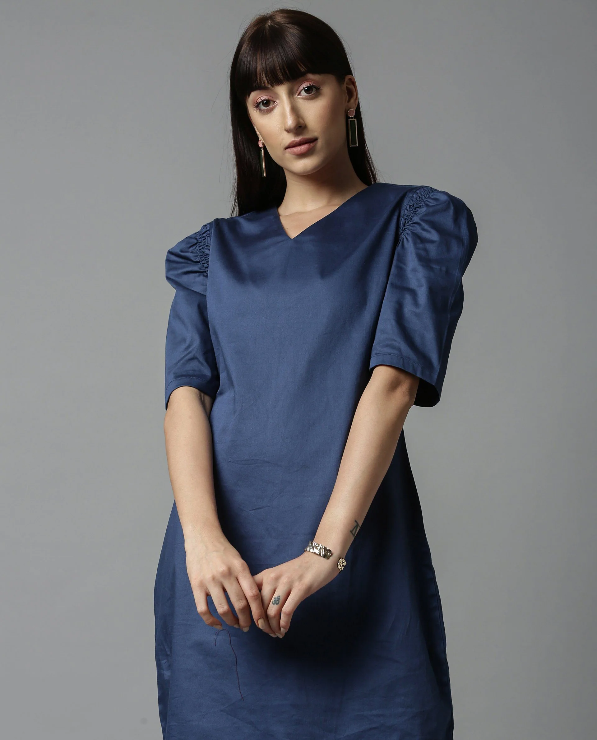 Rareism Women Shreli Blue Dress Short Sleeves Solid - Image 4
