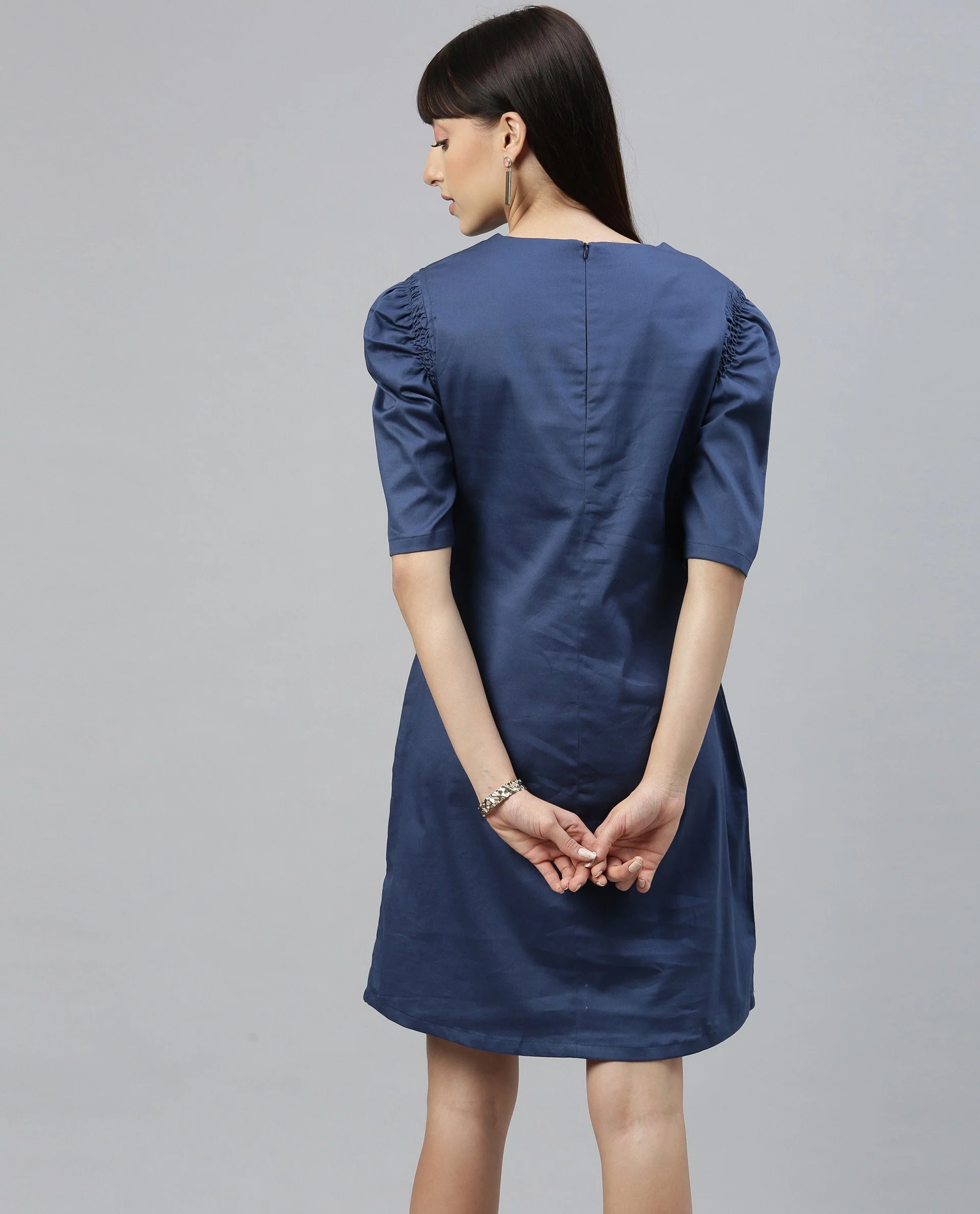 Rareism Women Shreli Blue Dress Short Sleeves Solid - Image 5