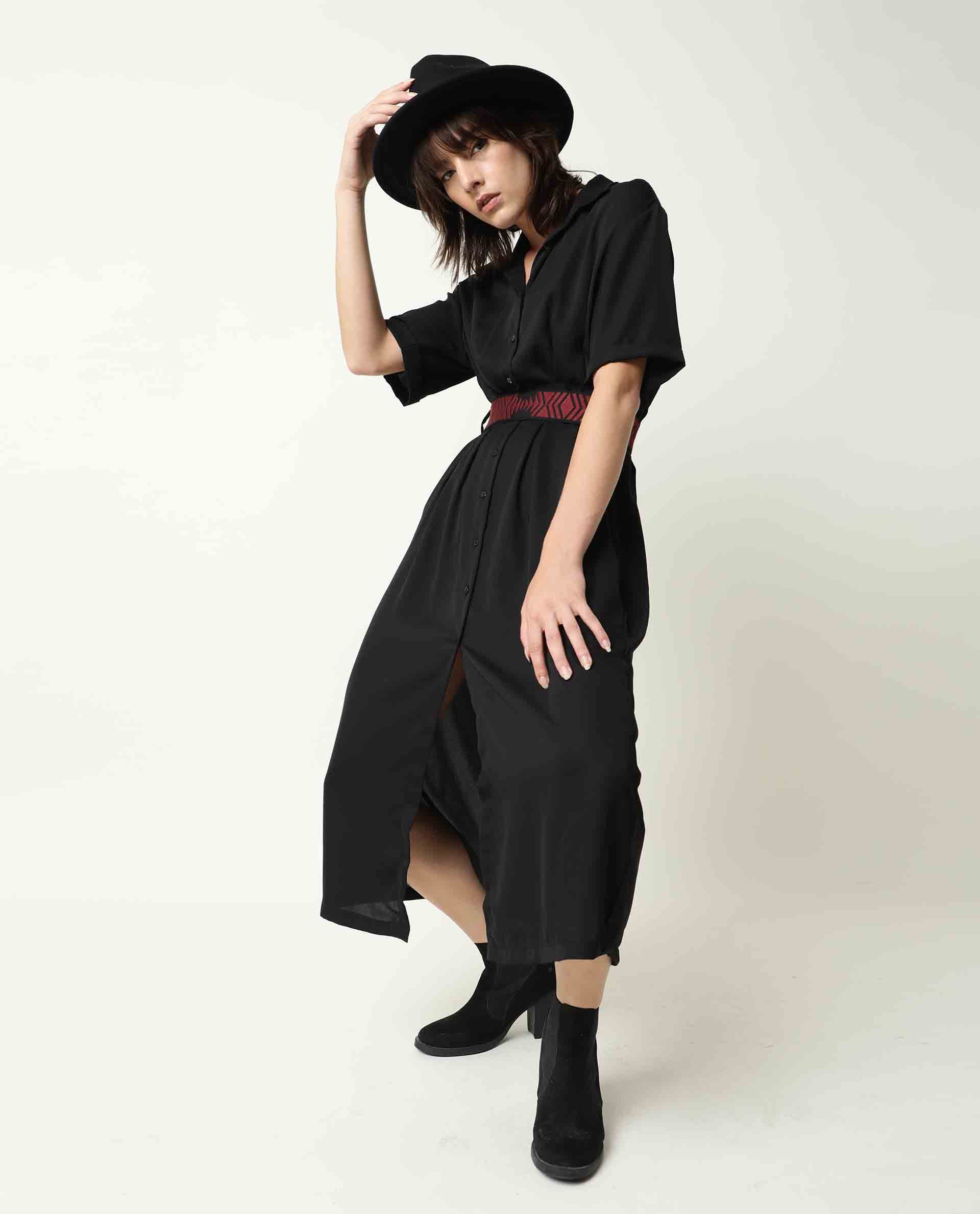 Rareism Women's Shroff Black Polyester Spread Collar Plain Midi Relaxed Fit Dress
