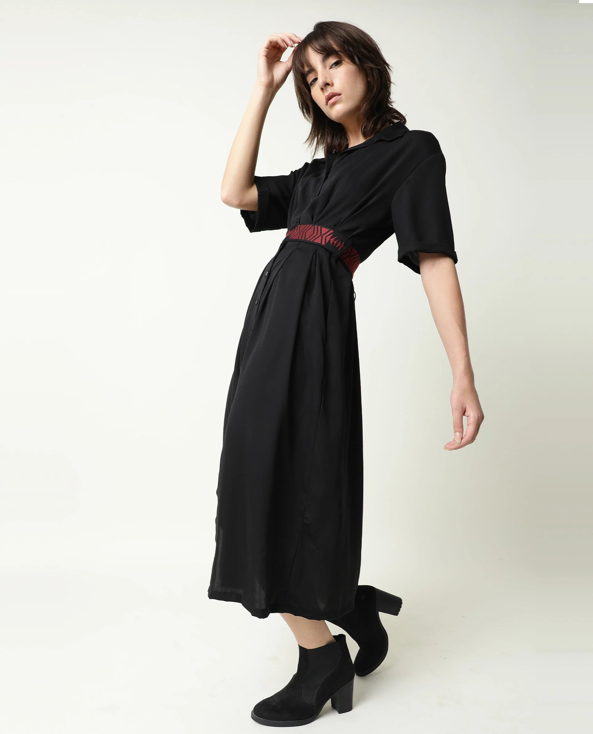 Rareism Women's Shroff Black Polyester Spread Collar Plain Midi Relaxed Fit Dress - Image 10