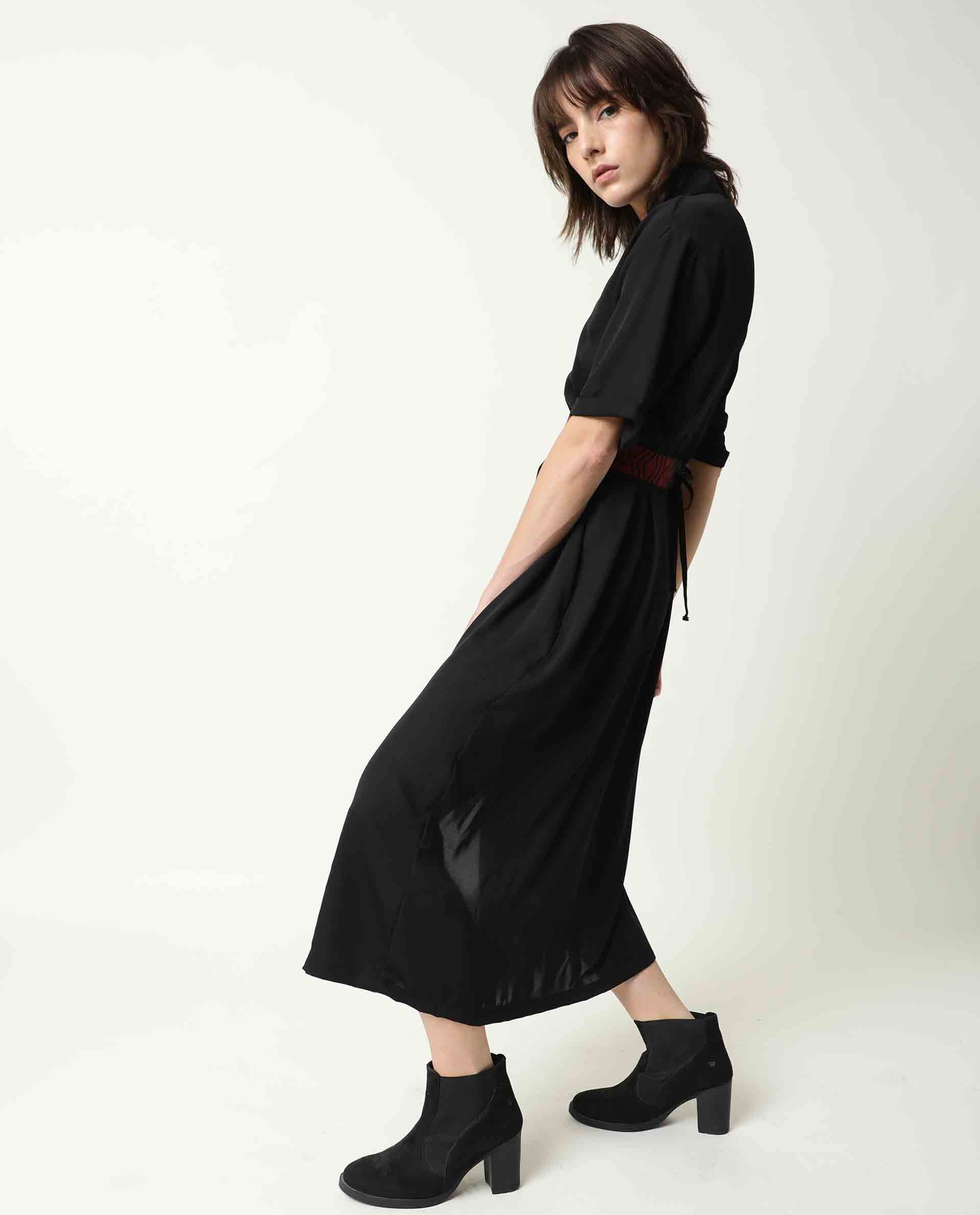 Rareism Women's Shroff Black Polyester Spread Collar Plain Midi Relaxed Fit Dress - Image 11
