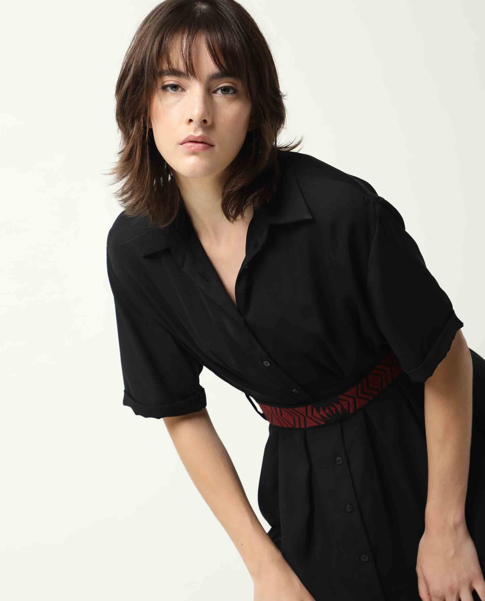 Rareism Women's Shroff Black Polyester Spread Collar Plain Midi Relaxed Fit Dress - Image 12
