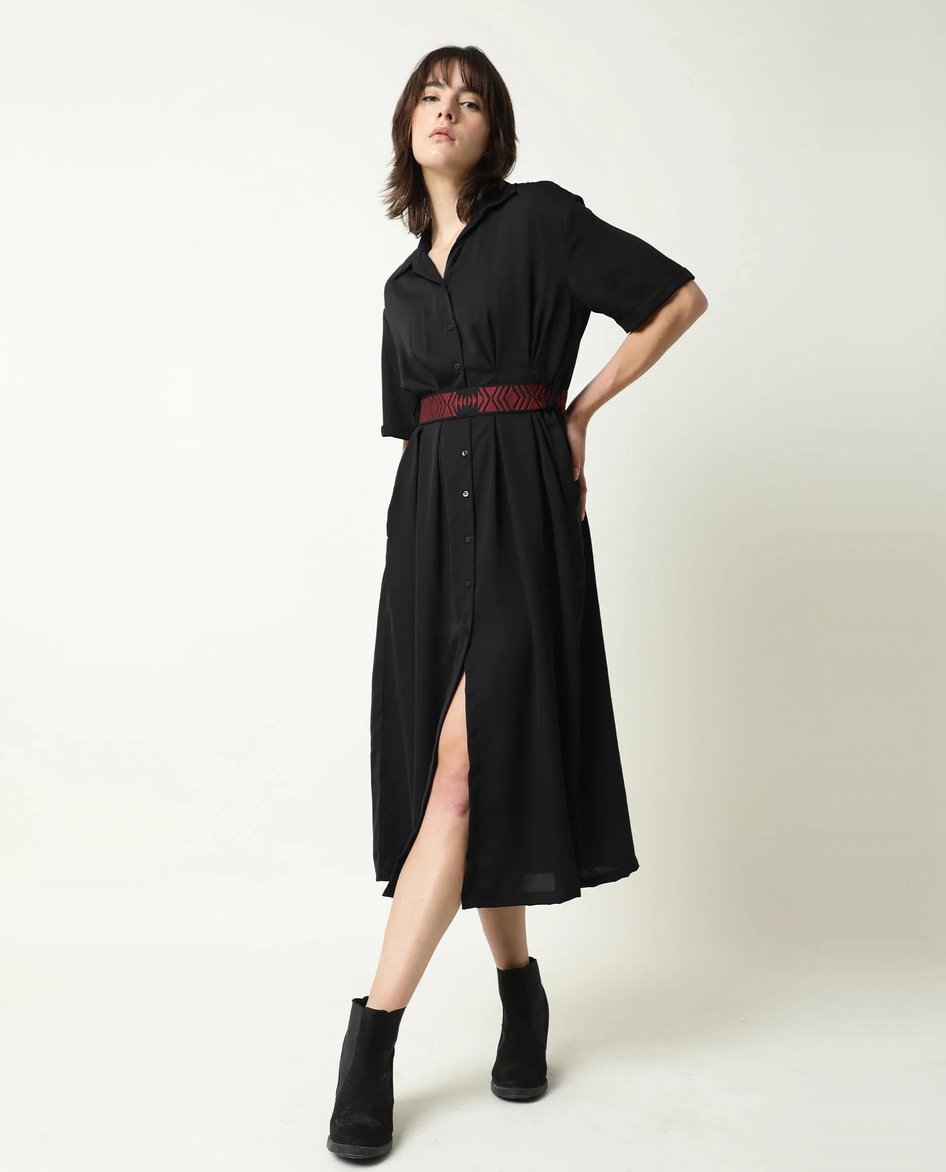 Rareism Women's Shroff Black Polyester Spread Collar Plain Midi Relaxed Fit Dress - Image 2