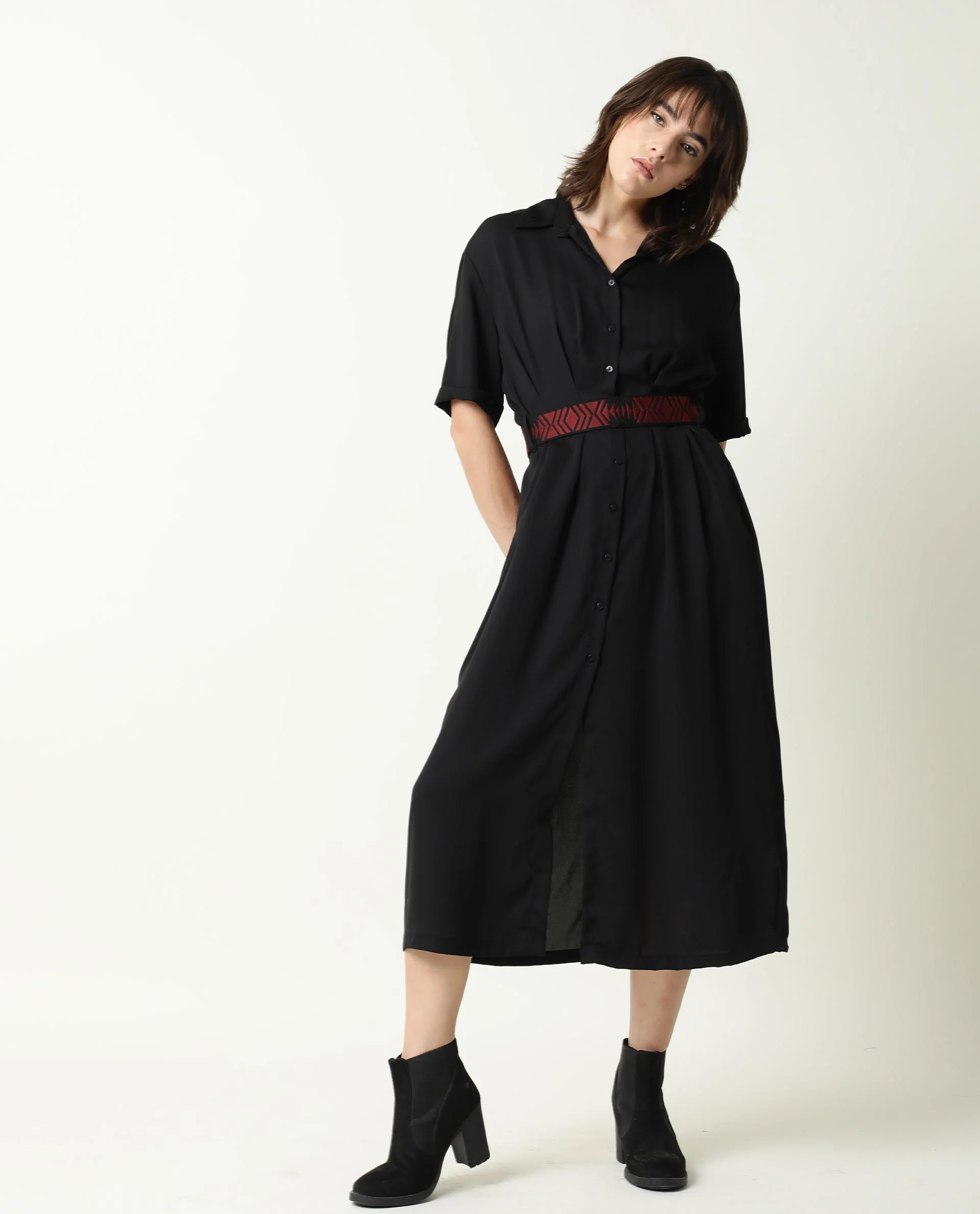 Rareism Women's Shroff Black Polyester Spread Collar Plain Midi Relaxed Fit Dress - Image 5