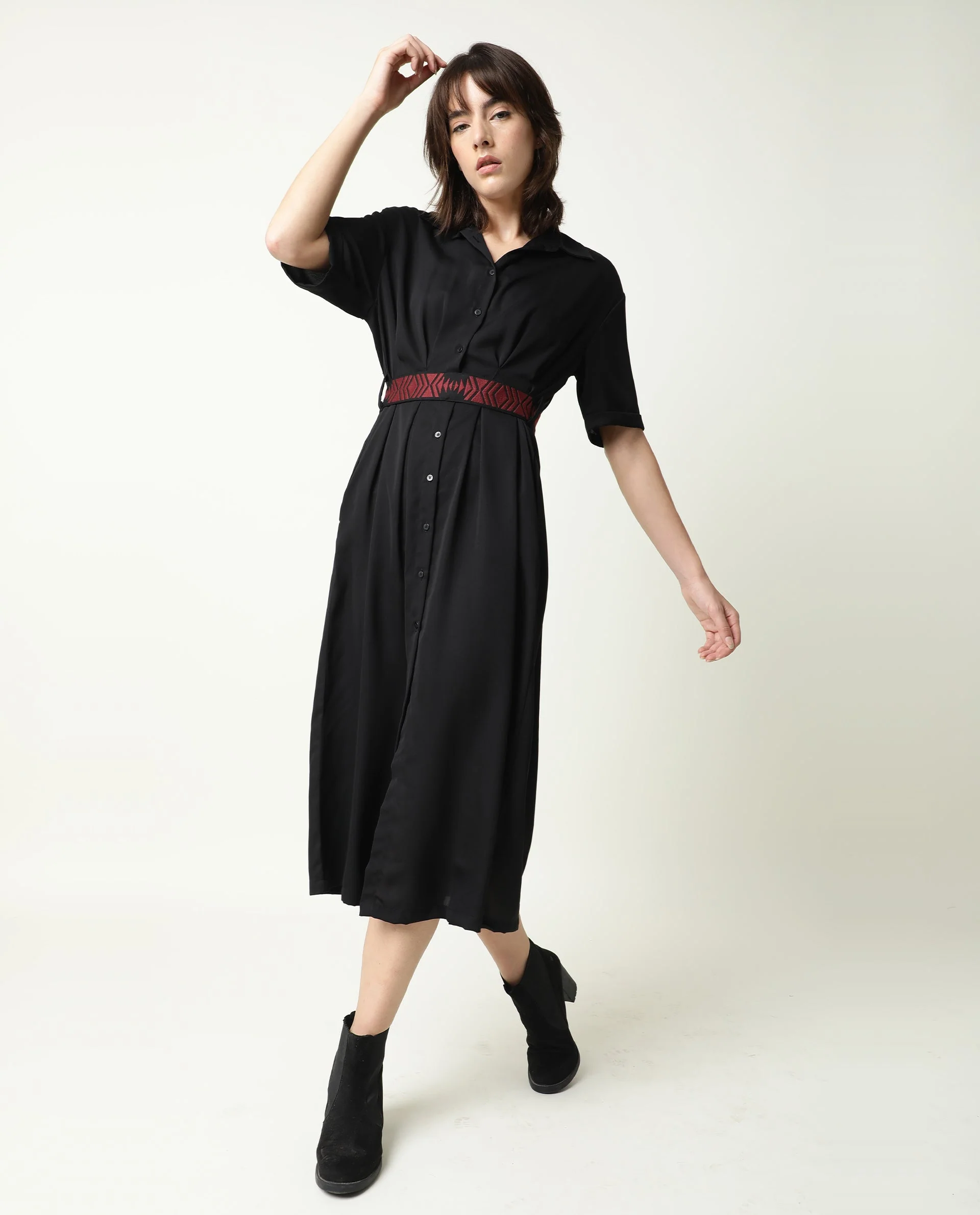 Rareism Women's Shroff Black Polyester Spread Collar Plain Midi Relaxed Fit Dress - Image 6