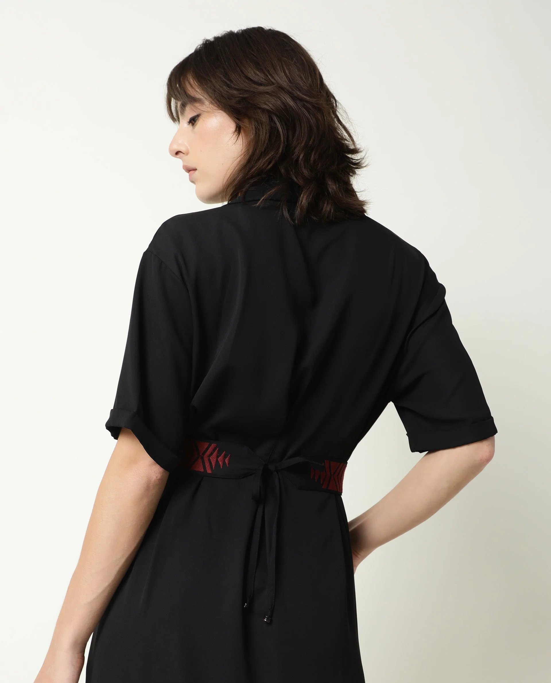 Rareism Women's Shroff Black Polyester Spread Collar Plain Midi Relaxed Fit Dress - Image 9