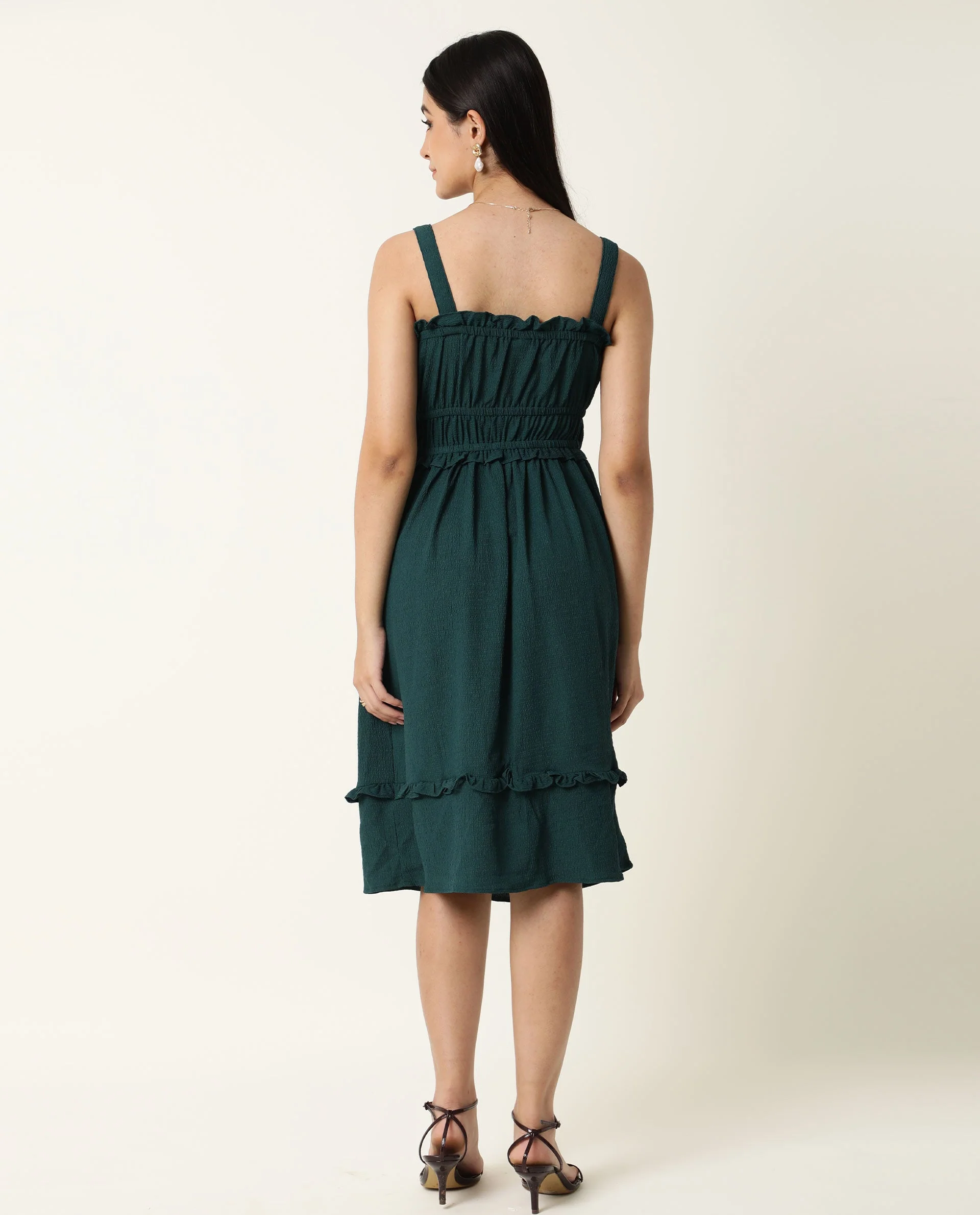 Rareism Women's Sickle Green Tube Neck Plain Sleeveless Knee Length Regular Fit Dress - Image 12