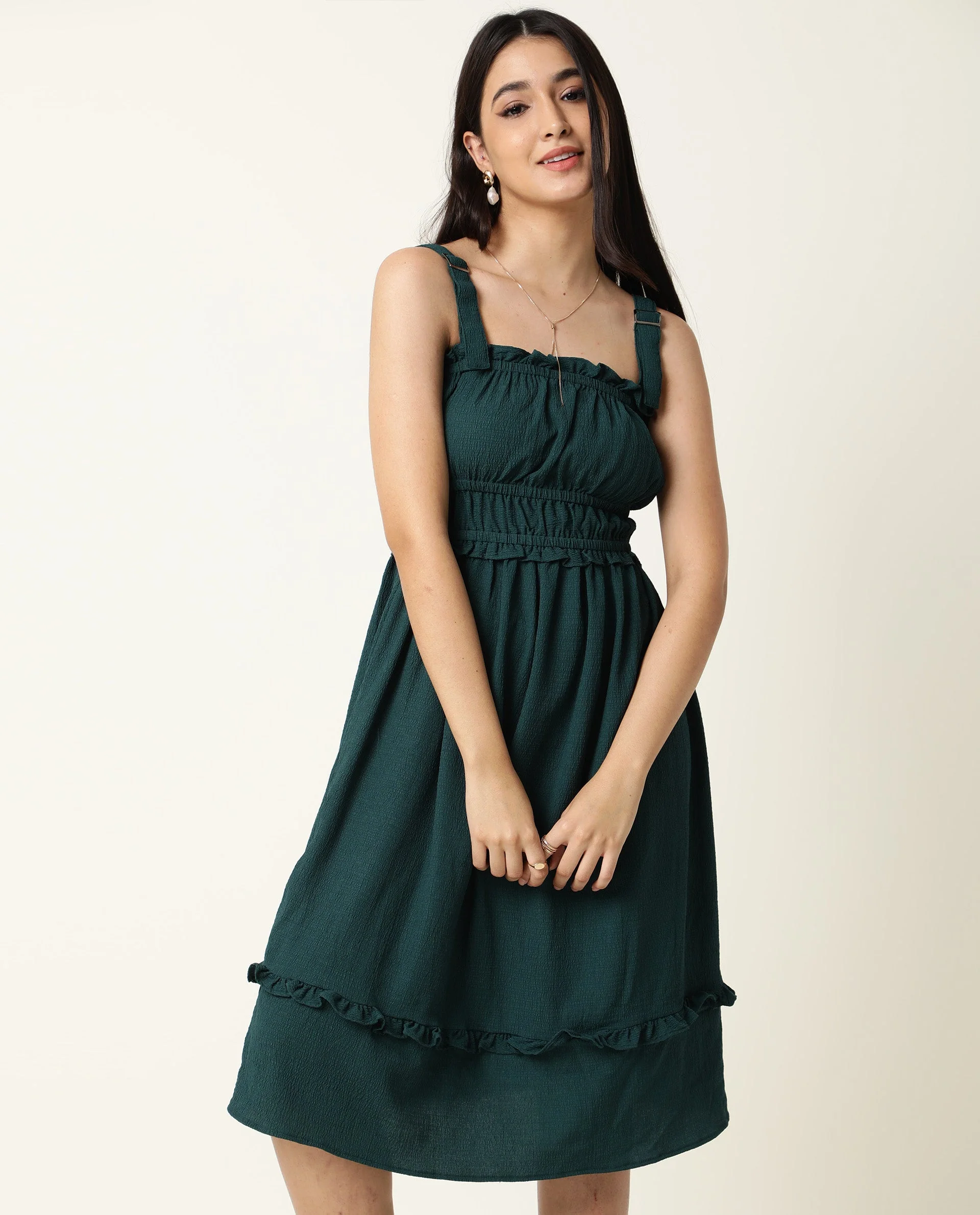 Rareism Women's Sickle Green Tube Neck Plain Sleeveless Knee Length Regular Fit Dress - Image 3