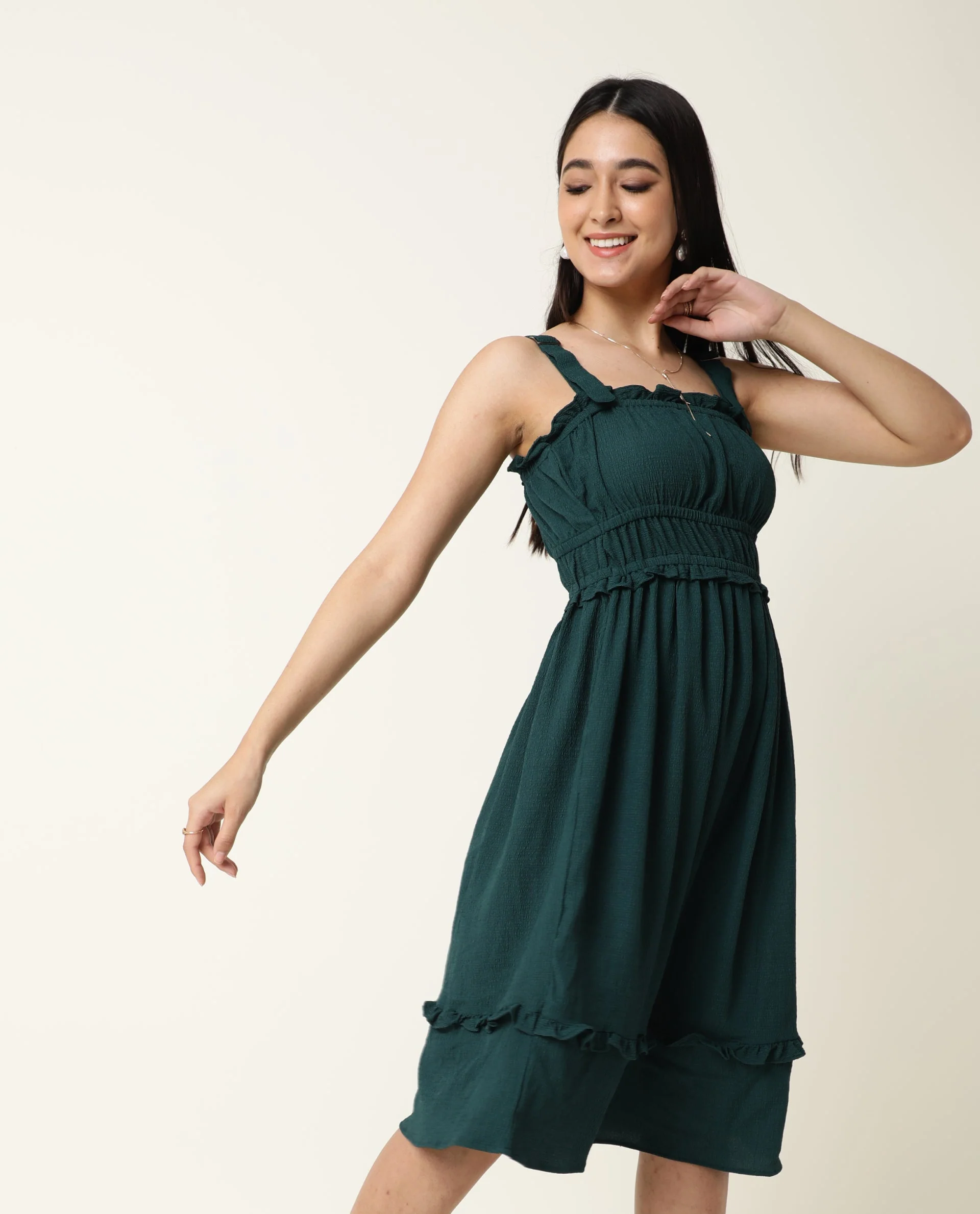 Rareism Women's Sickle Green Tube Neck Plain Sleeveless Knee Length Regular Fit Dress - Image 4