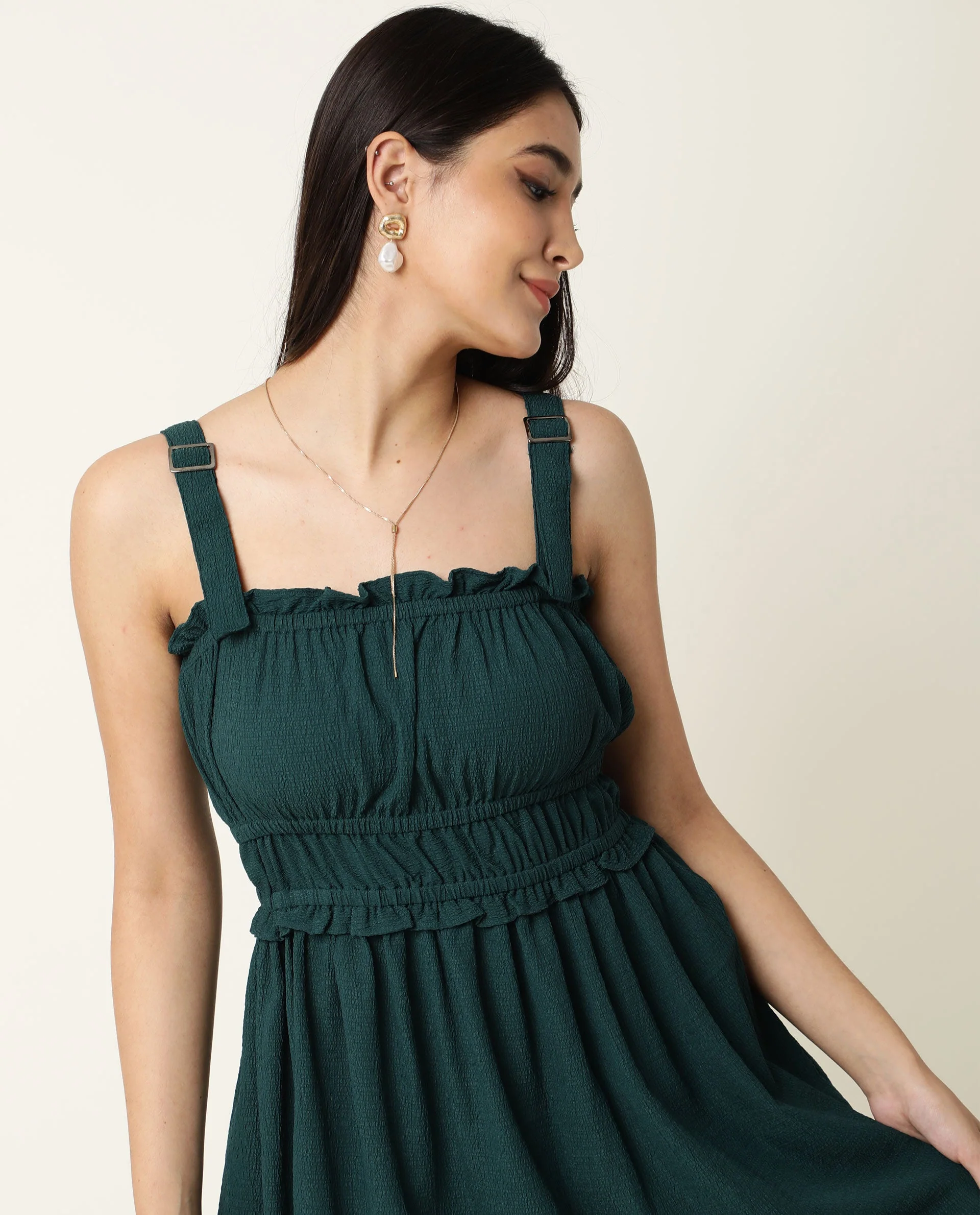 Rareism Women's Sickle Green Tube Neck Plain Sleeveless Knee Length Regular Fit Dress - Image 5