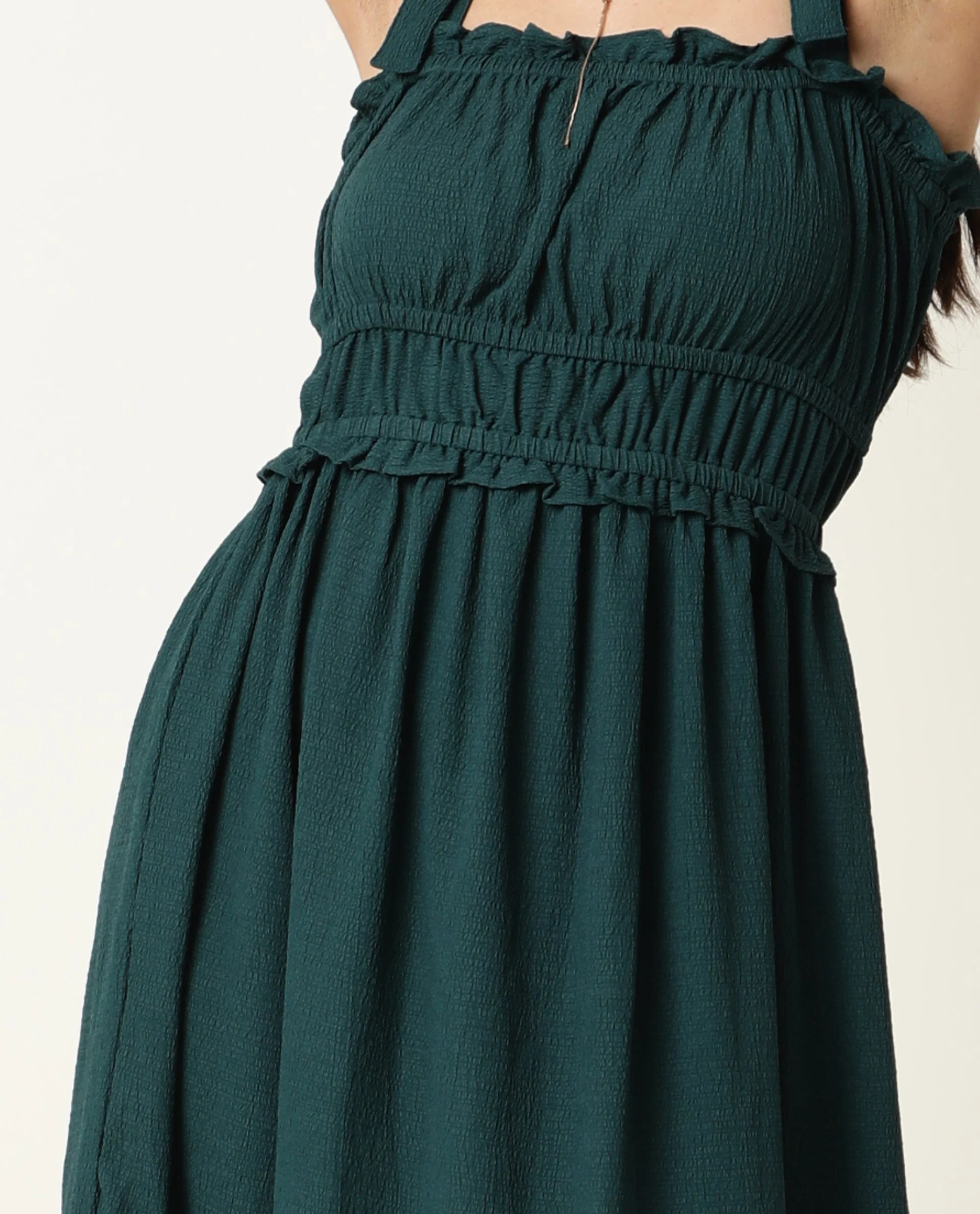 Rareism Women's Sickle Green Tube Neck Plain Sleeveless Knee Length Regular Fit Dress - Image 6