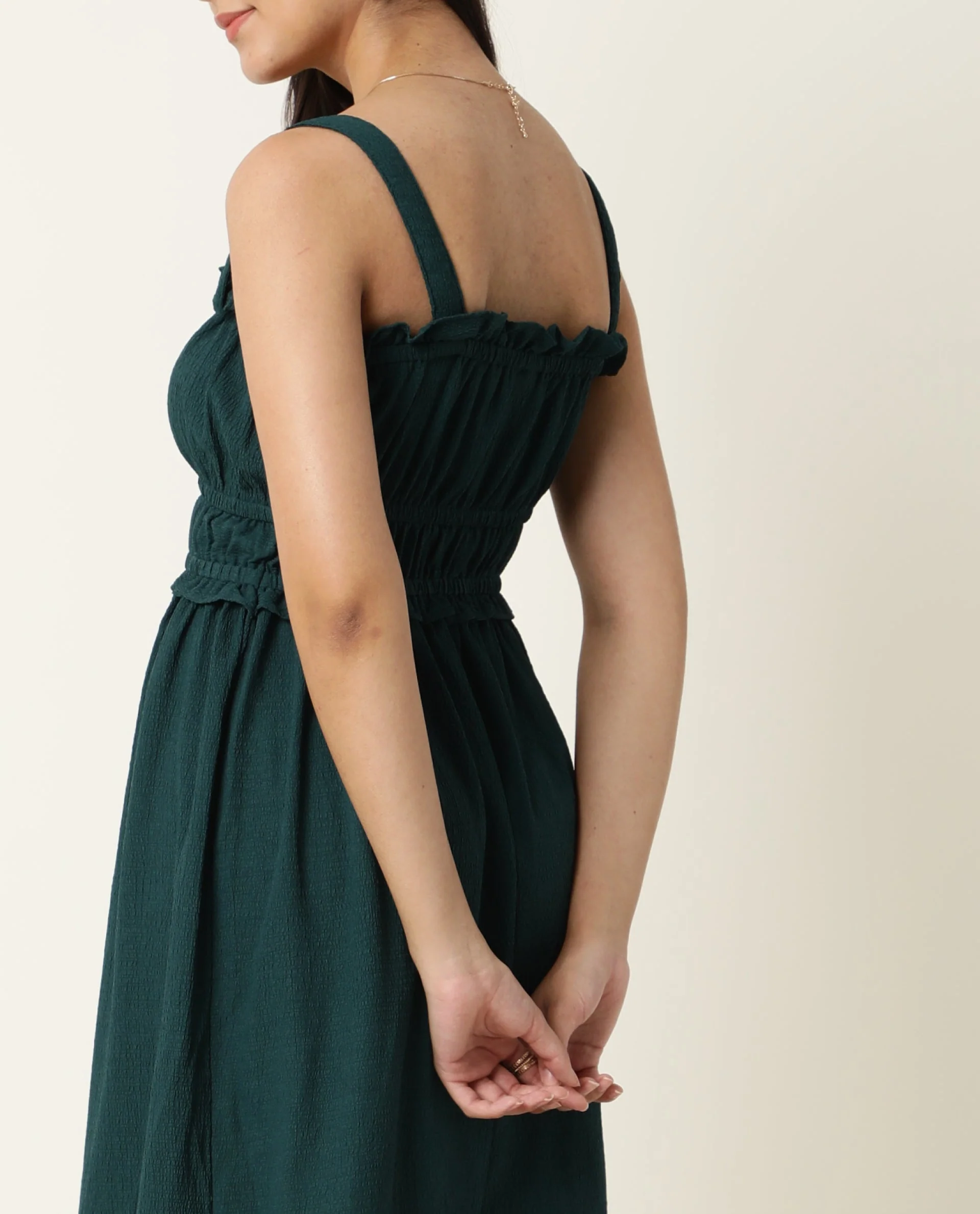 Rareism Women's Sickle Green Tube Neck Plain Sleeveless Knee Length Regular Fit Dress - Image 8