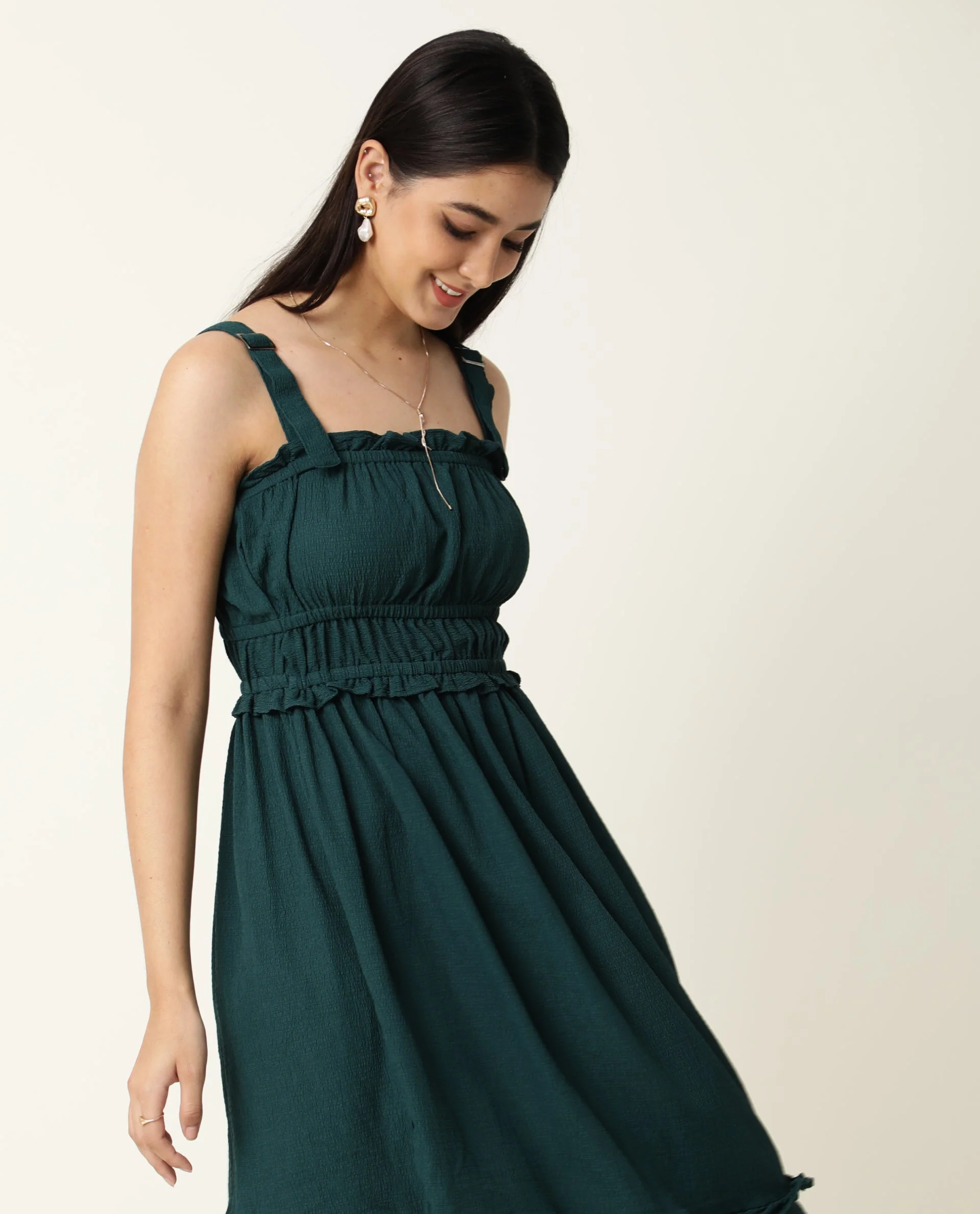 Rareism Women's Sickle Green Tube Neck Plain Sleeveless Knee Length Regular Fit Dress - Image 9