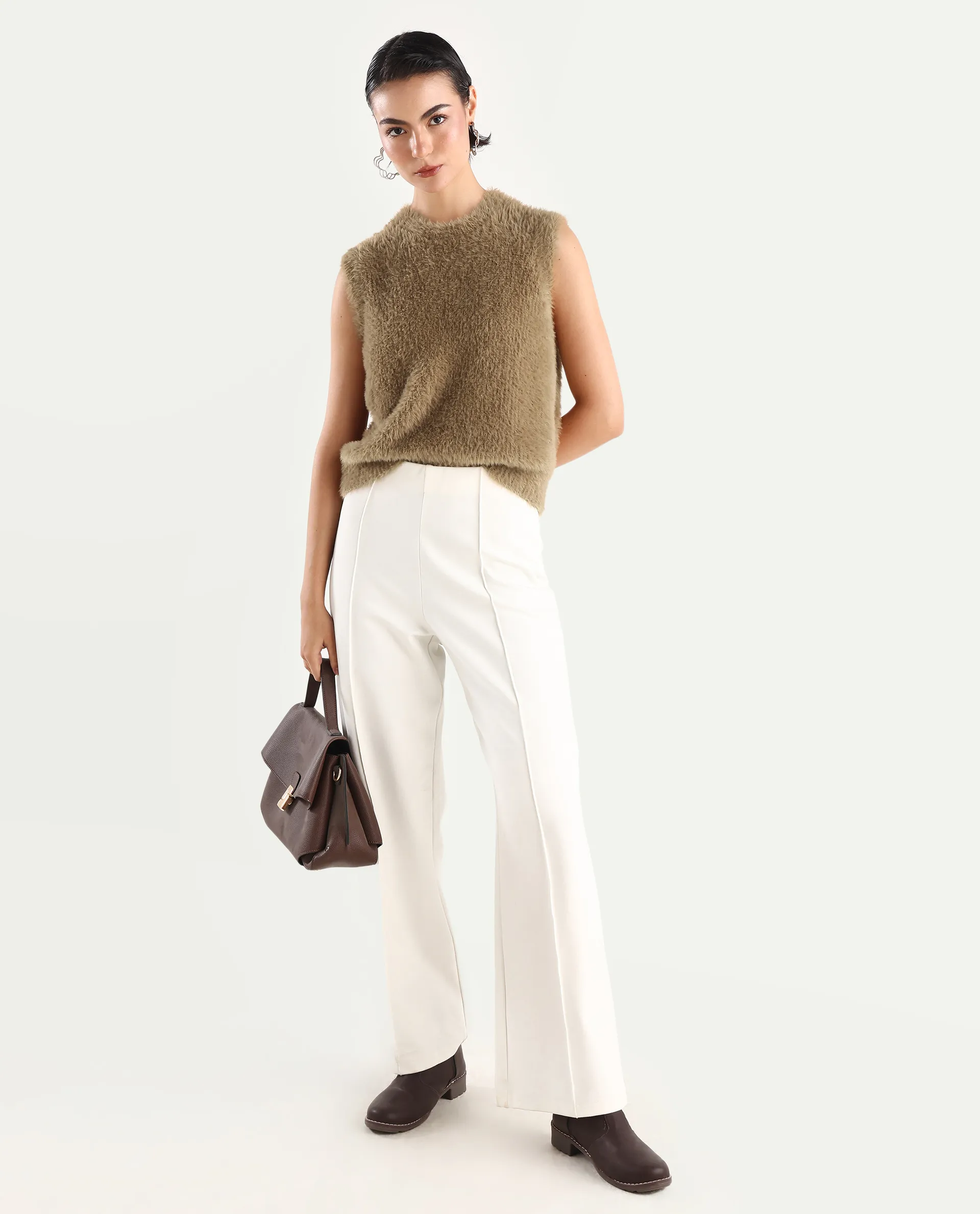 Rareism Women's Sielo Dark Beige Nylon Crew Neck Plain Sleeveless Relaxed Fit Sweater - Image 2