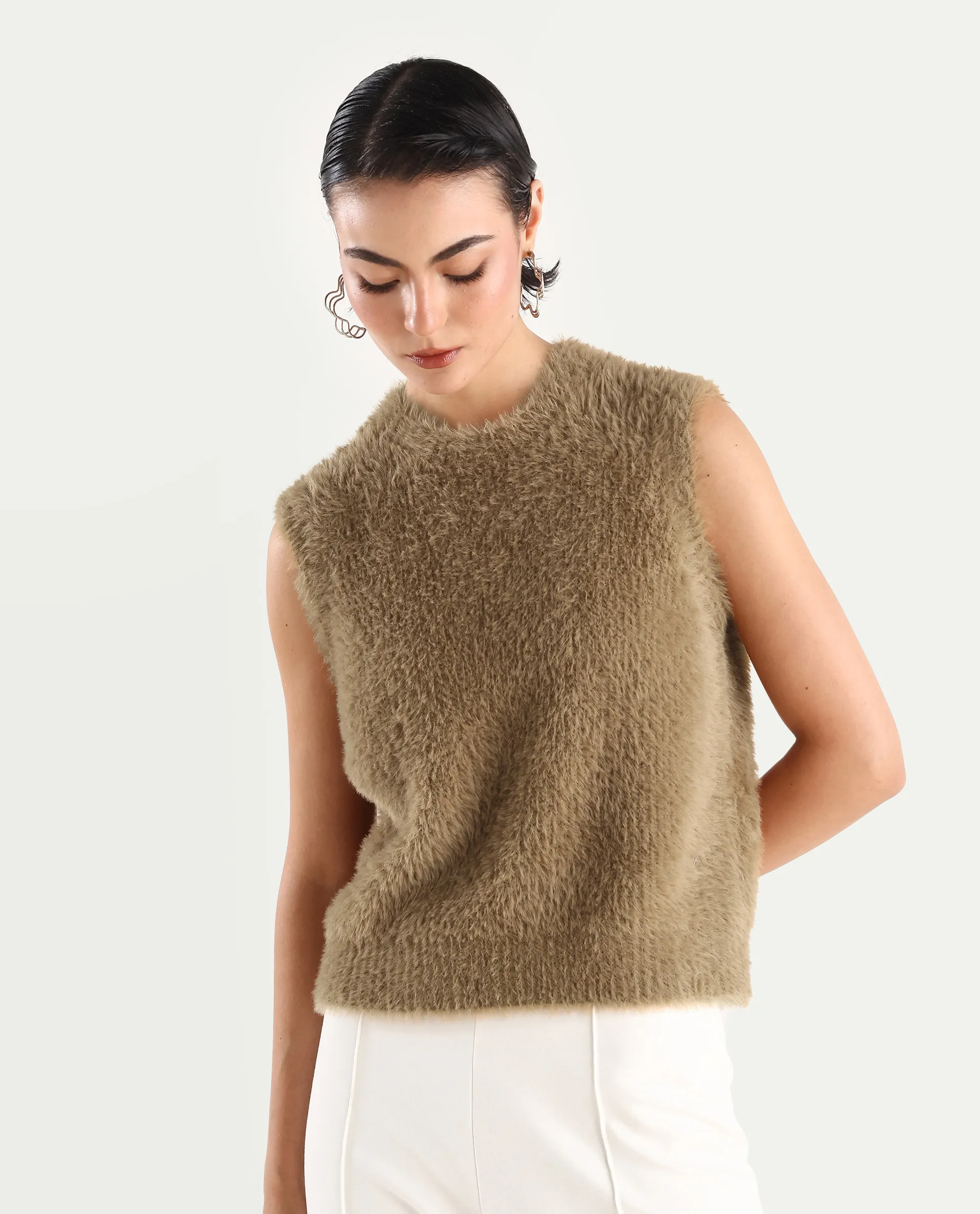 Rareism Women's Sielo Dark Beige Nylon Crew Neck Plain Sleeveless Relaxed Fit Sweater - Image 3