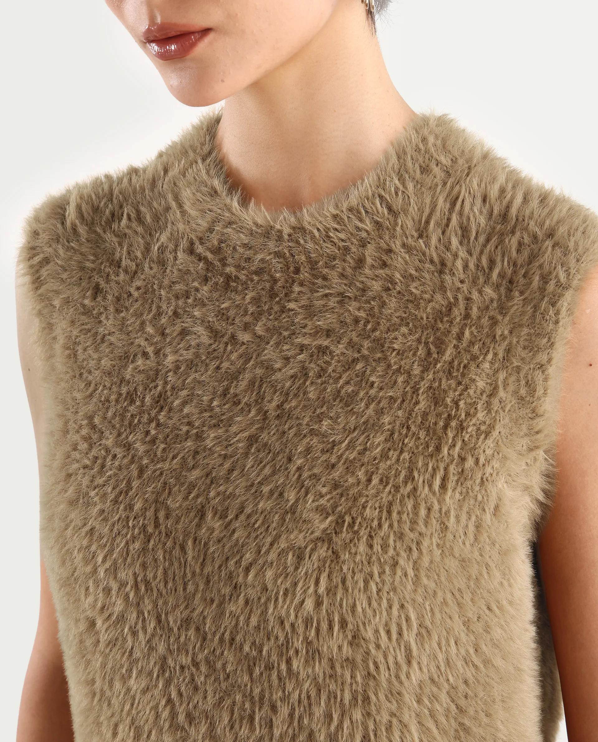 Rareism Women's Sielo Dark Beige Nylon Crew Neck Plain Sleeveless Relaxed Fit Sweater - Image 4
