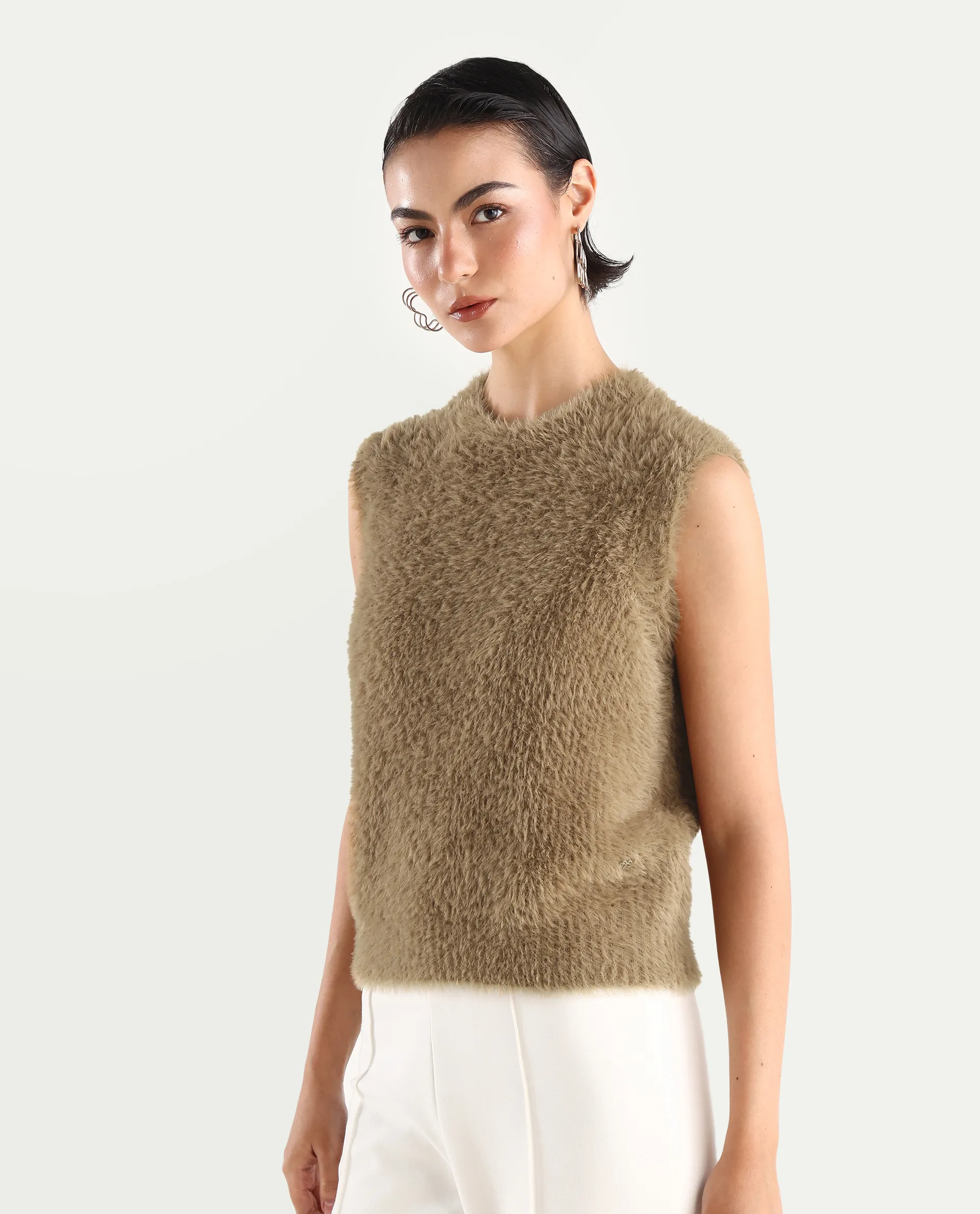 Rareism Women's Sielo Dark Beige Nylon Crew Neck Plain Sleeveless Relaxed Fit Sweater - Image 5