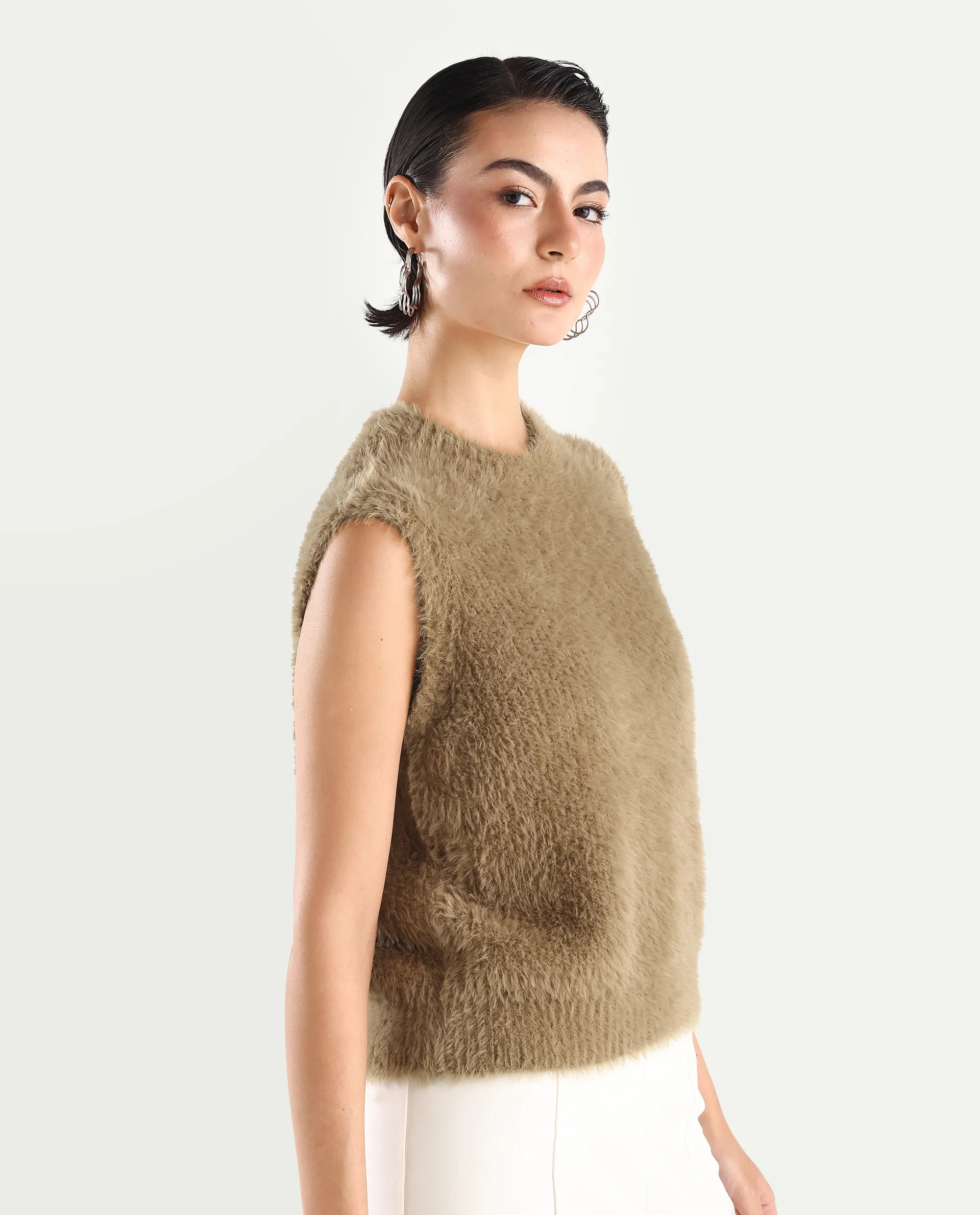 Rareism Women's Sielo Dark Beige Nylon Crew Neck Plain Sleeveless Relaxed Fit Sweater - Image 6