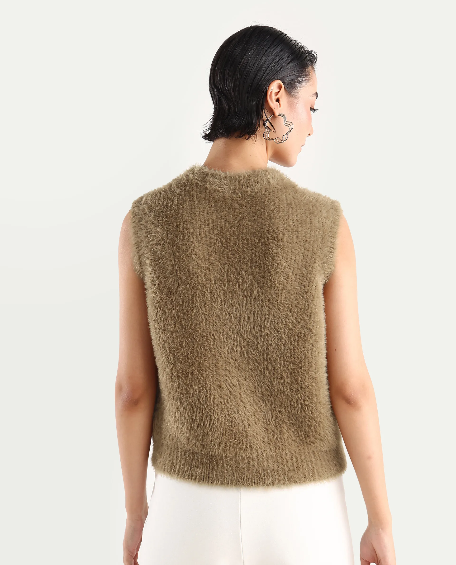 Rareism Women's Sielo Dark Beige Nylon Crew Neck Plain Sleeveless Relaxed Fit Sweater - Image 7
