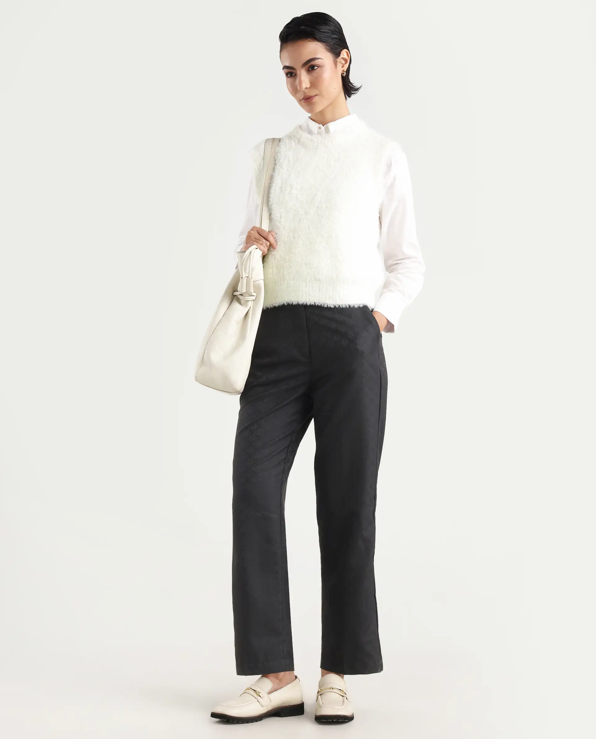 Rareism Women's Sielo White Nylon Crew Neck Plain Sleeveless Relaxed Fit Sweater - Image 2