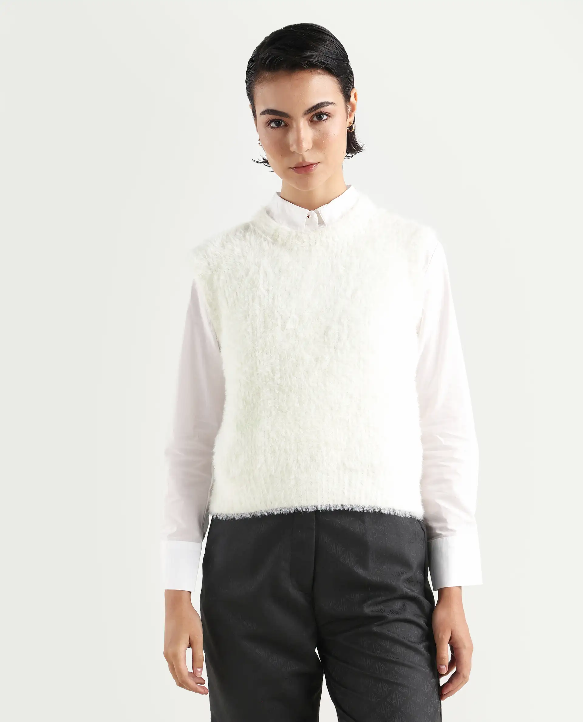 Rareism Women's Sielo White Nylon Crew Neck Plain Sleeveless Relaxed Fit Sweater - Image 3