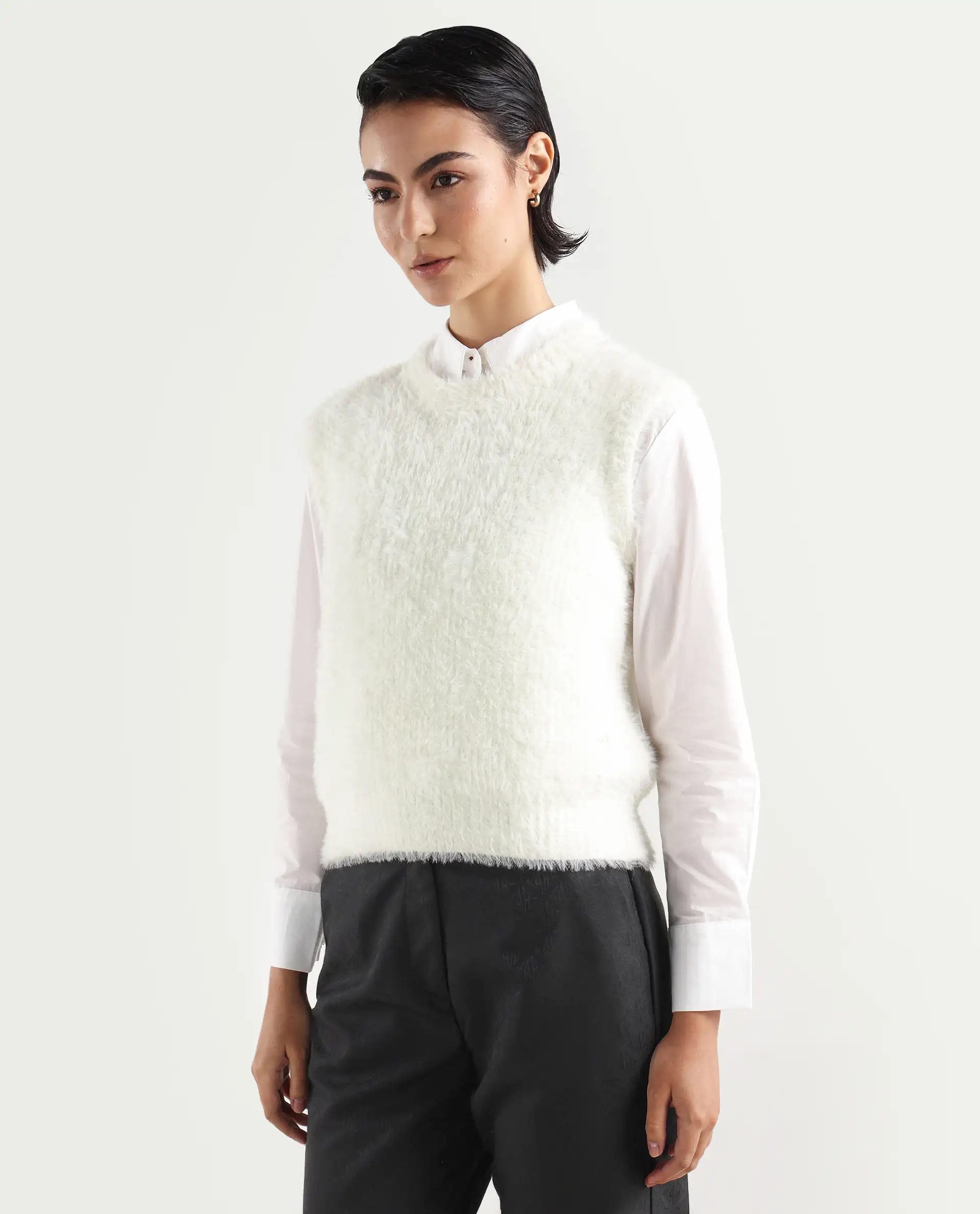 Rareism Women's Sielo White Nylon Crew Neck Plain Sleeveless Relaxed Fit Sweater - Image 5