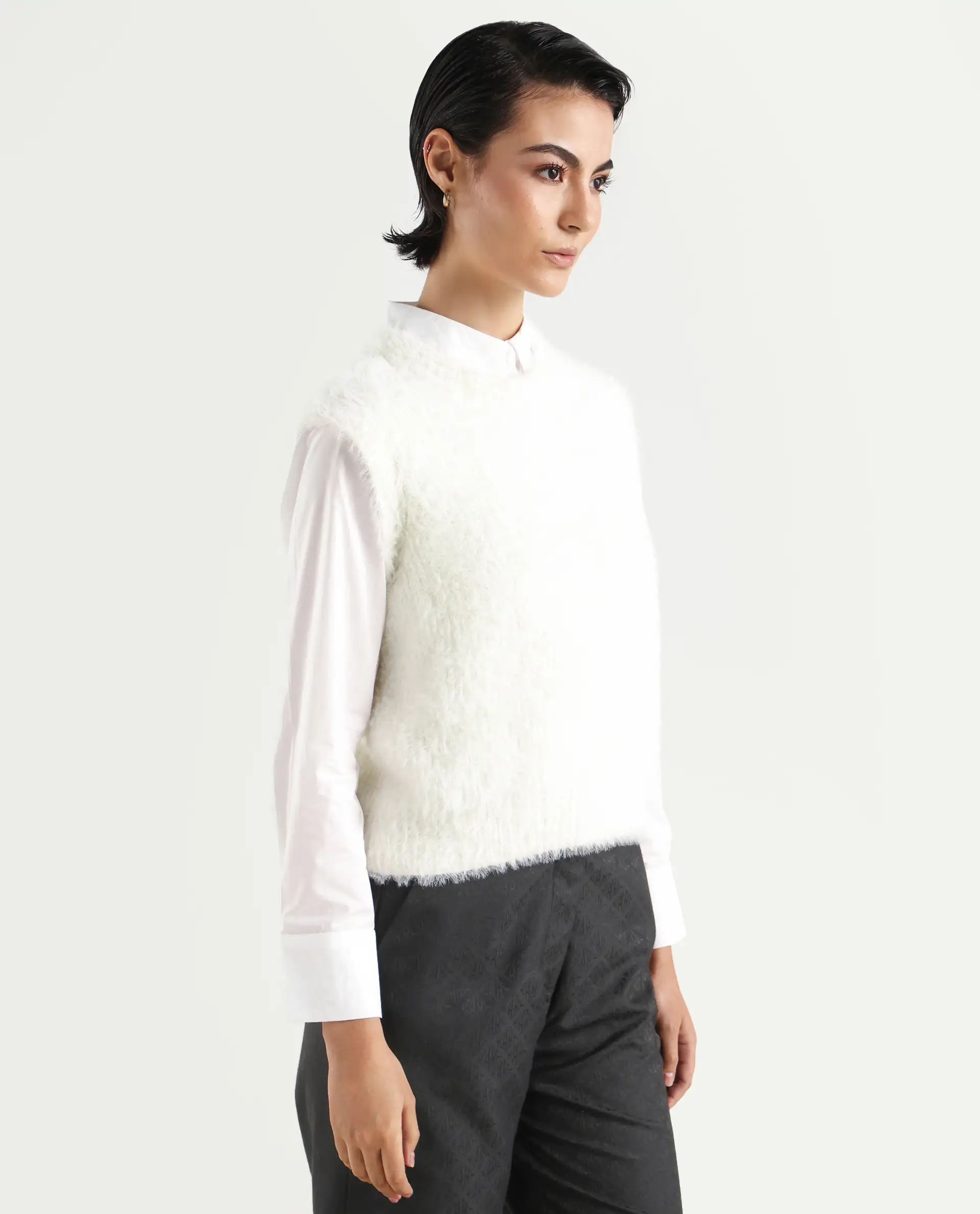 Rareism Women's Sielo White Nylon Crew Neck Plain Sleeveless Relaxed Fit Sweater - Image 6