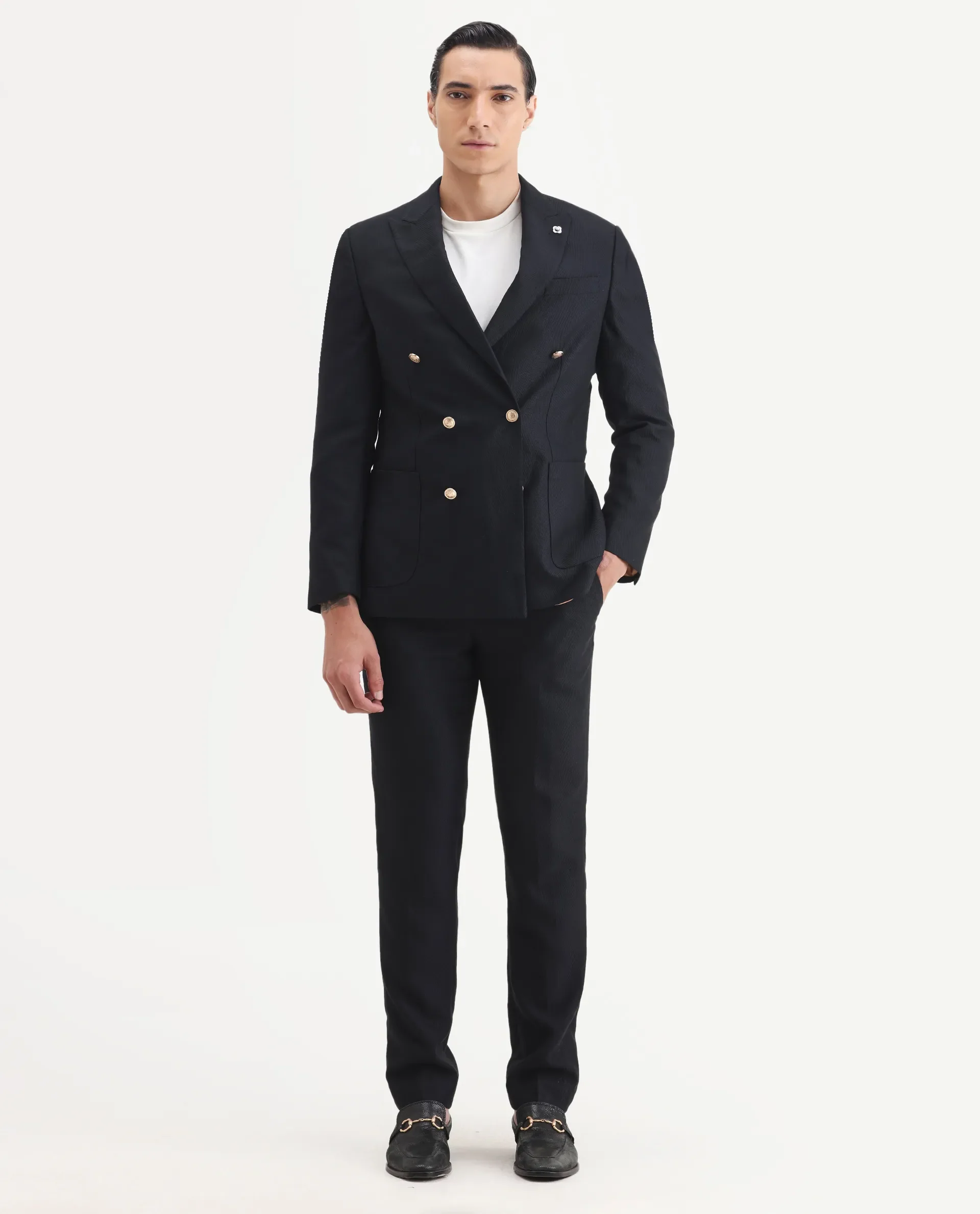 Rare Rabbit Men's Sierra Dark Navy Polyester Plain Tailored Fit Full Sleeve Lapel Neck Suits