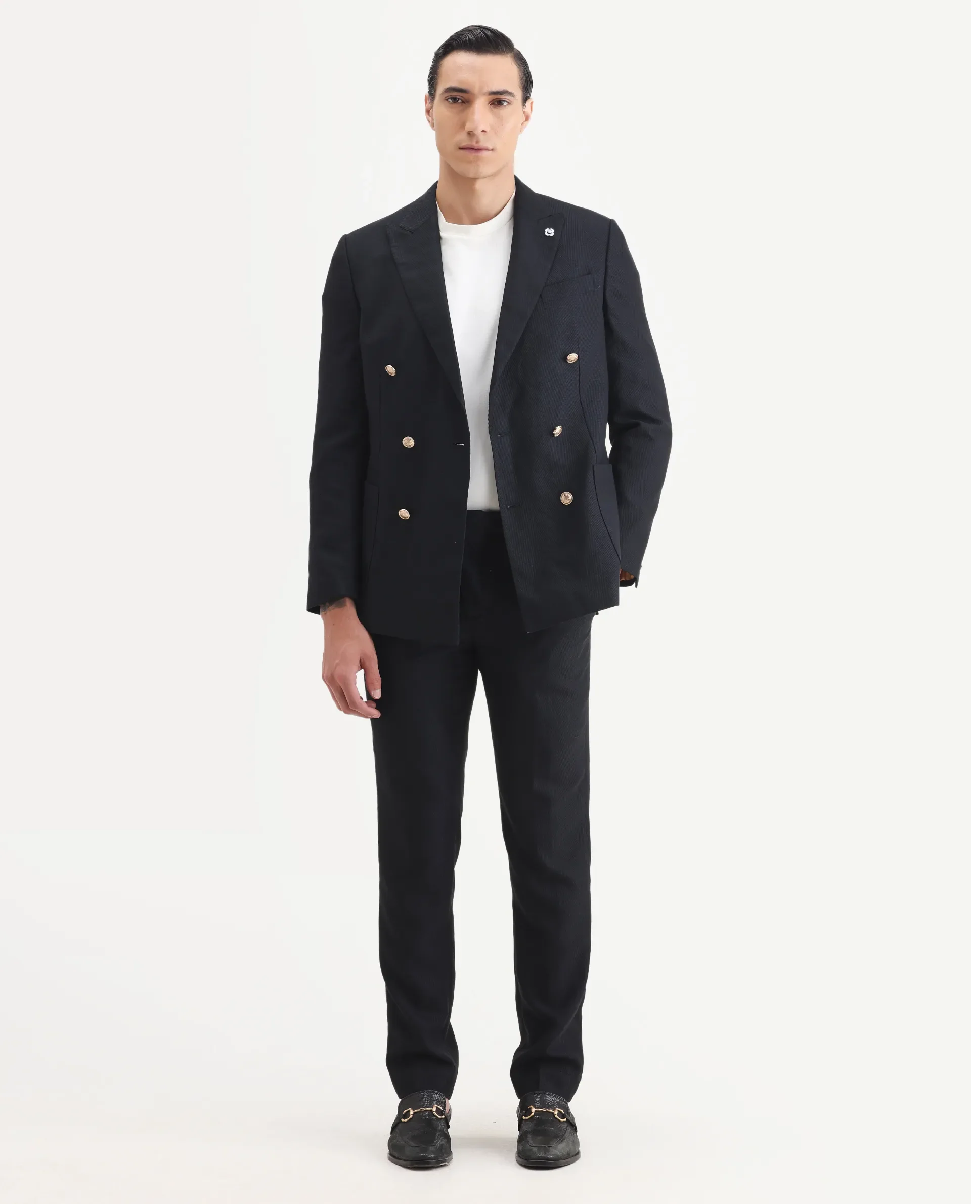 Rare Rabbit Men's Sierra Dark Navy Polyester Plain Tailored Fit Full Sleeve Lapel Neck Suits - Image 12