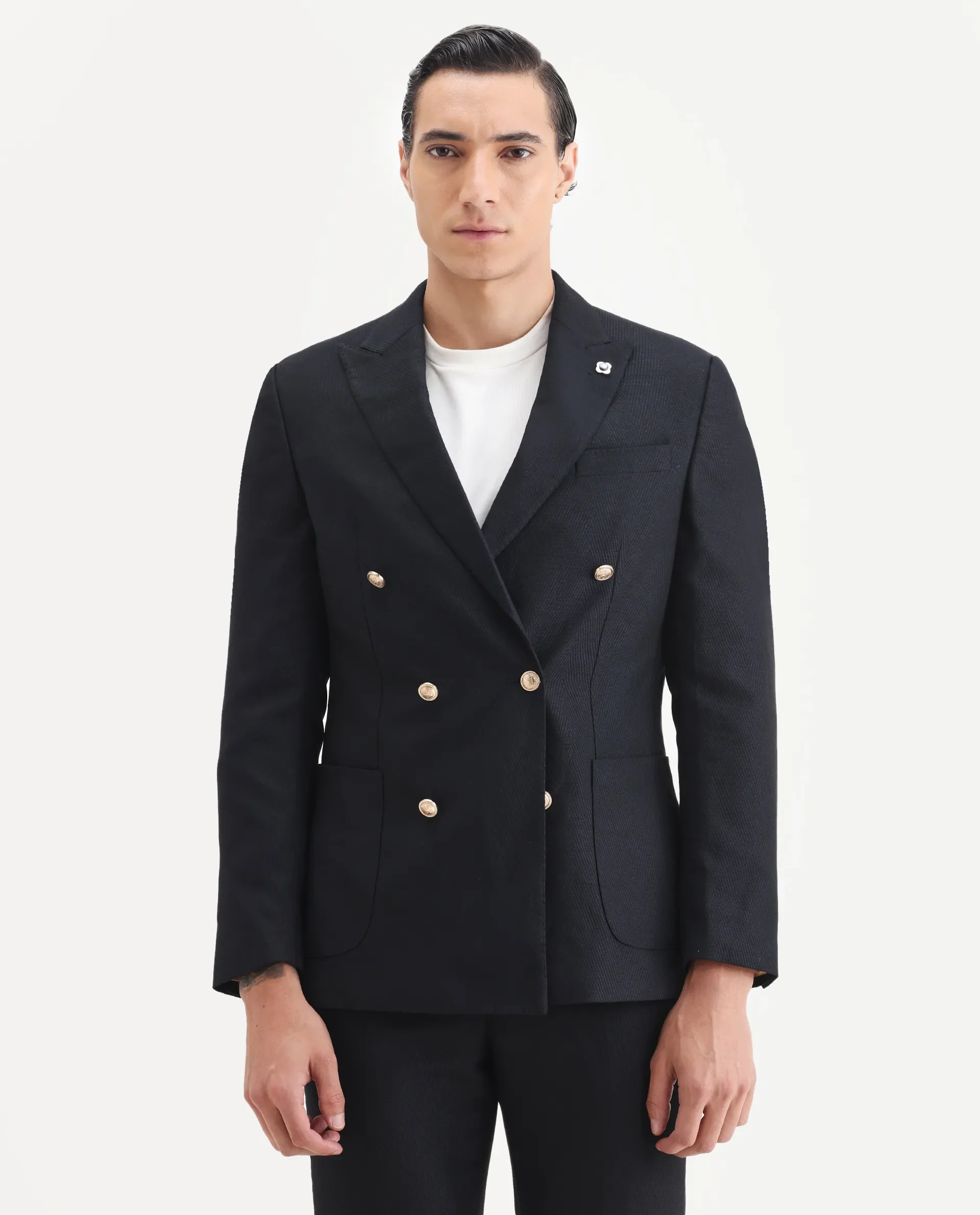 Rare Rabbit Men's Sierra Dark Navy Polyester Plain Tailored Fit Full Sleeve Lapel Neck Suits - Image 2