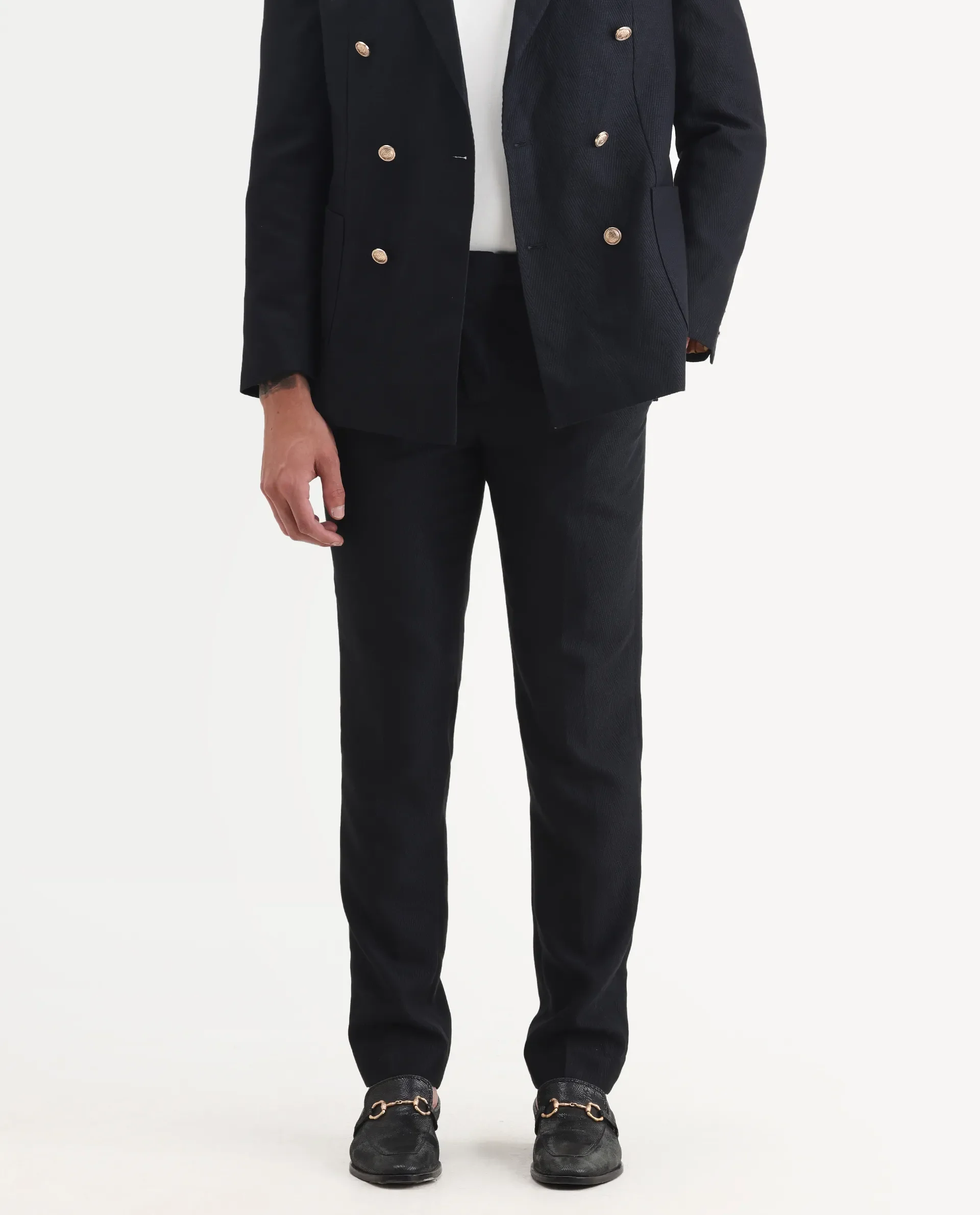 Rare Rabbit Men's Sierra Dark Navy Polyester Plain Tailored Fit Full Sleeve Lapel Neck Suits - Image 4