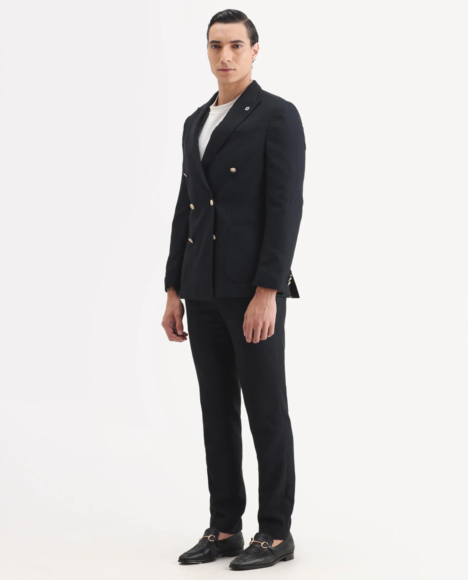 Rare Rabbit Men's Sierra Dark Navy Polyester Plain Tailored Fit Full Sleeve Lapel Neck Suits - Image 5