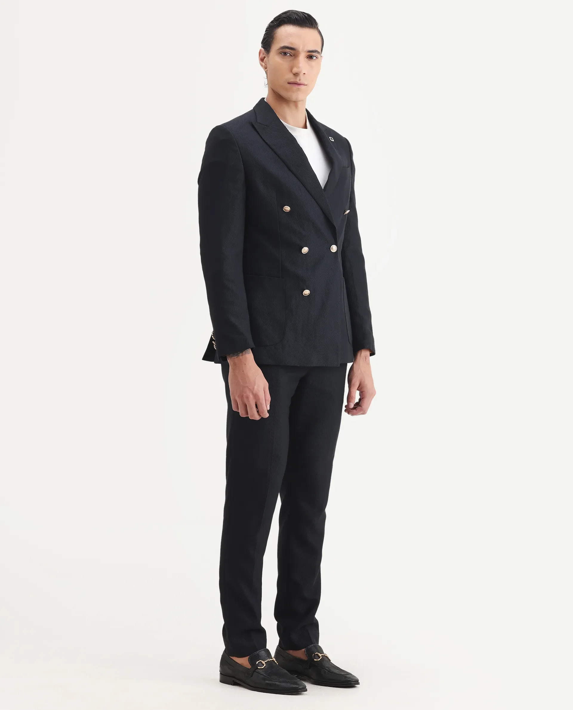 Rare Rabbit Men's Sierra Dark Navy Polyester Plain Tailored Fit Full Sleeve Lapel Neck Suits - Image 6