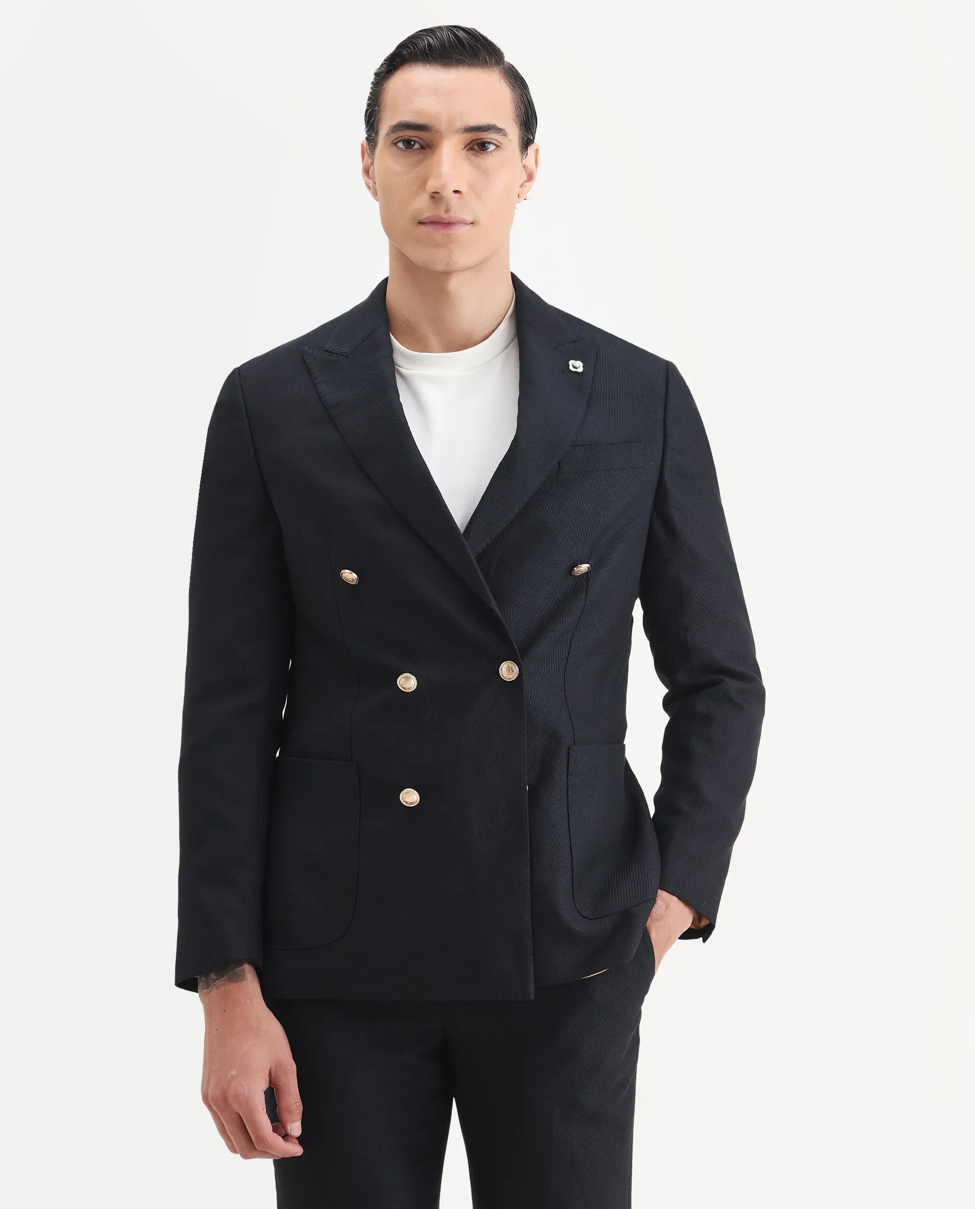 Rare Rabbit Men's Sierra Dark Navy Polyester Plain Tailored Fit Full Sleeve Lapel Neck Suits - Image 7