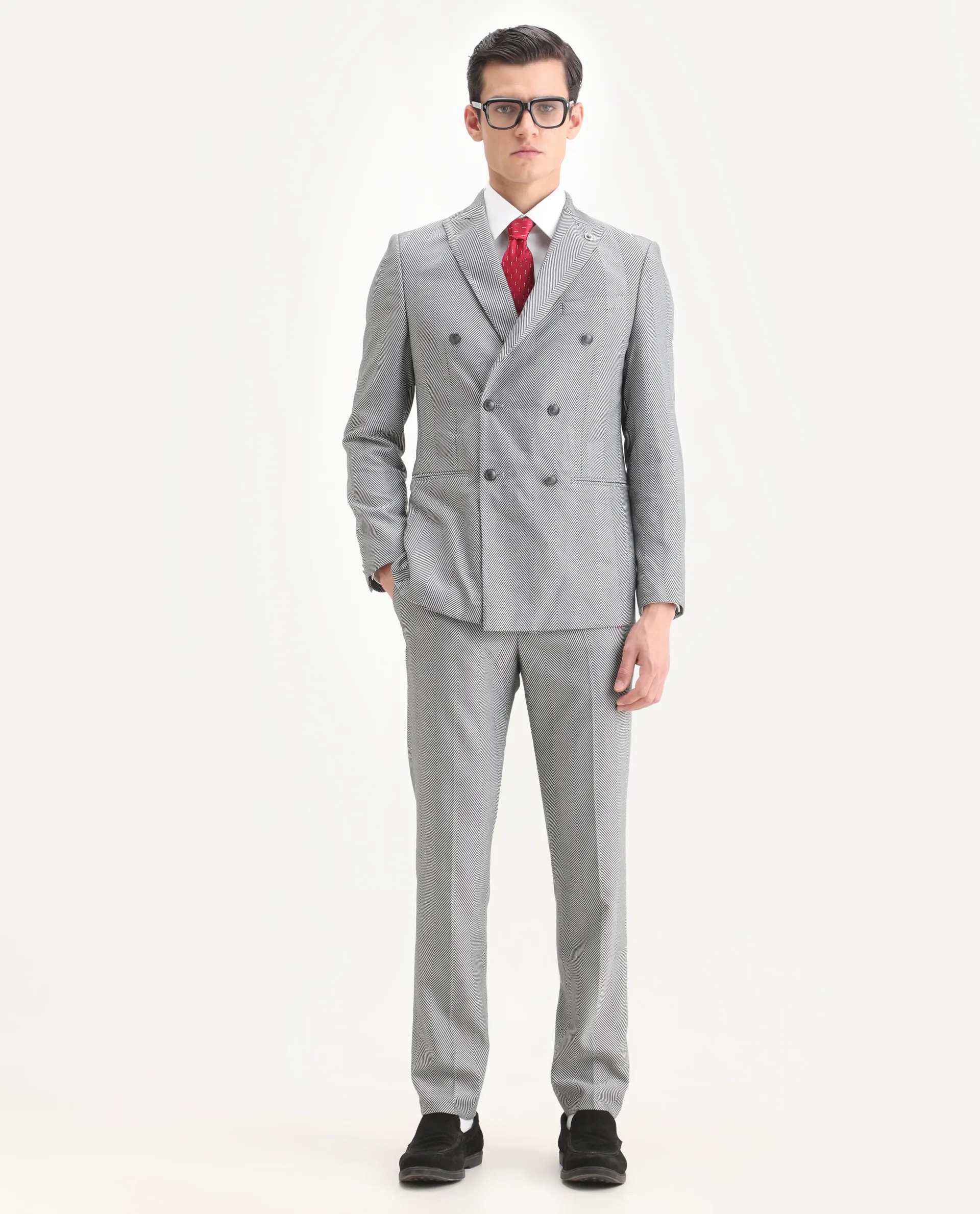 Rare Rabbit Men's Sierres Light Grey Viscose Textured Tailored Fit Full Sleeve Lapel Neck Suits - Image 12