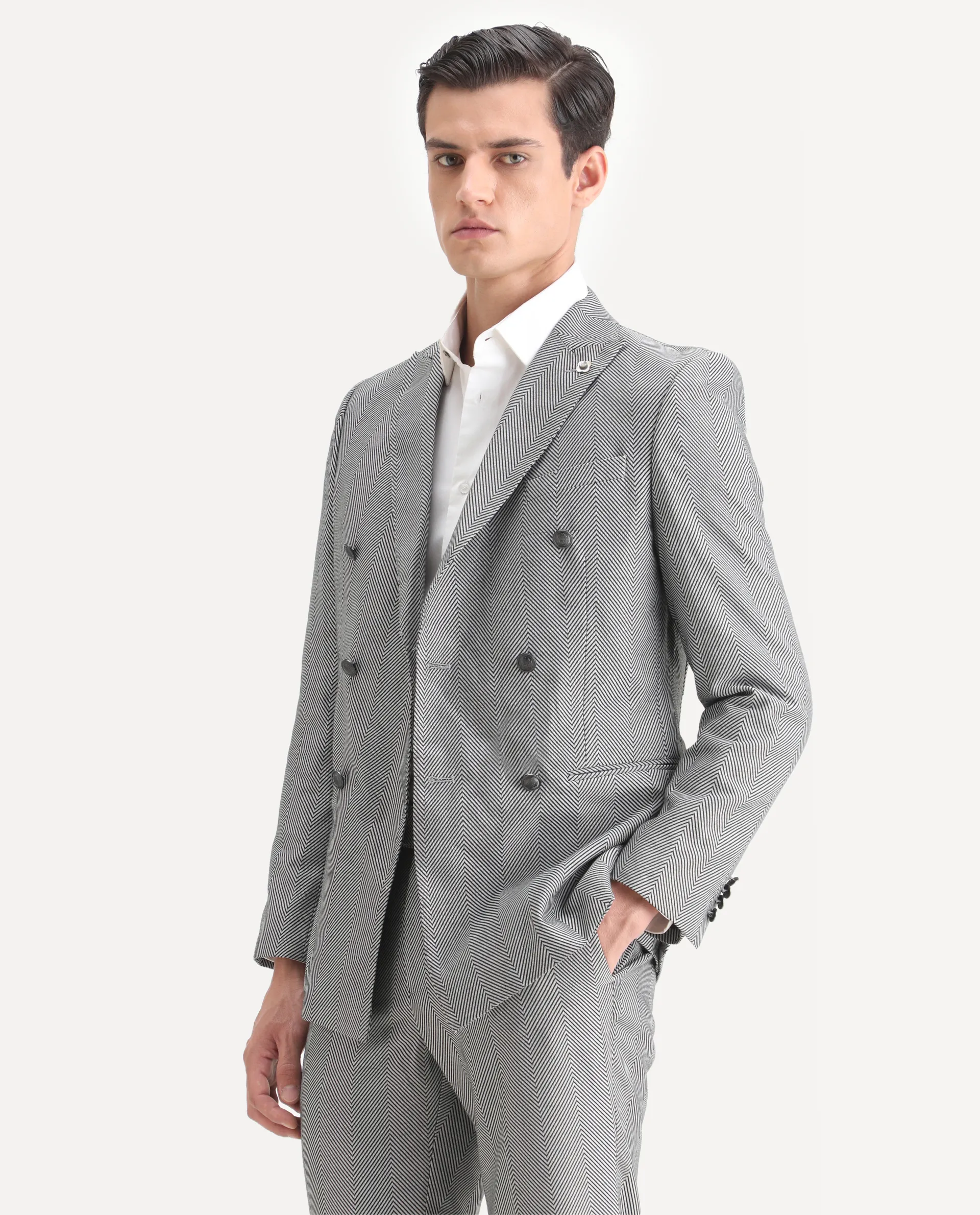 Rare Rabbit Men's Sierres Light Grey Viscose Textured Tailored Fit Full Sleeve Lapel Neck Suits - Image 13