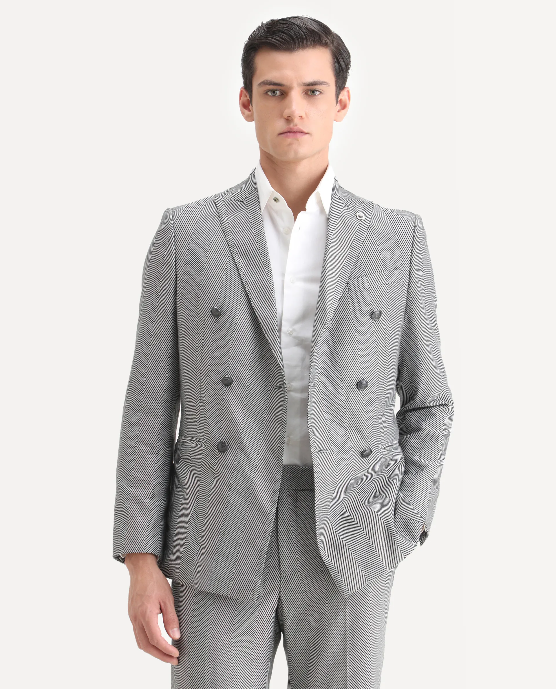 Rare Rabbit Men's Sierres Light Grey Viscose Textured Tailored Fit Full Sleeve Lapel Neck Suits - Image 7