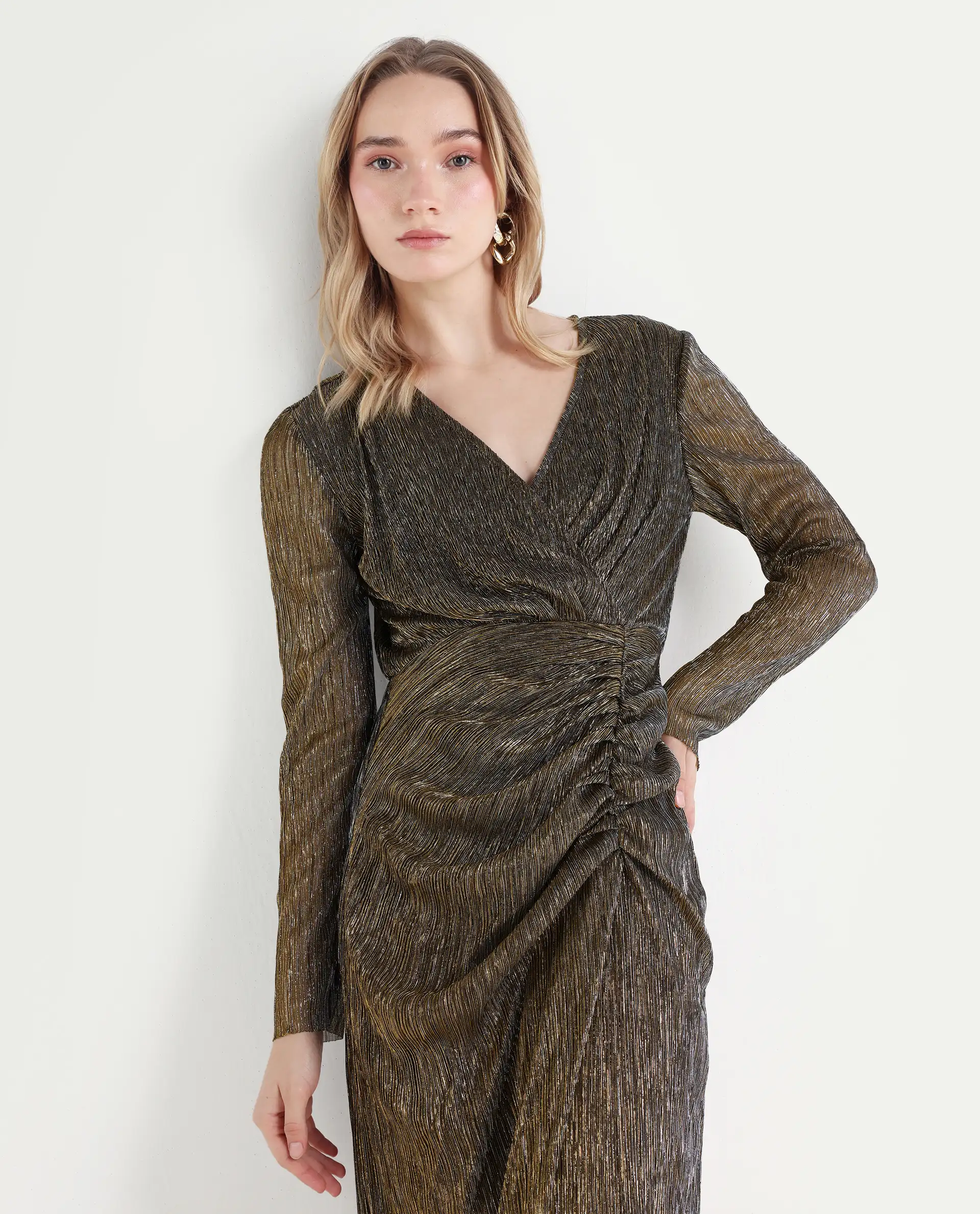 Rareism Women's Siga Metalic Gold Polyester Blend Collarless Shimmer Maxi Regular Fit Dress - Image 2