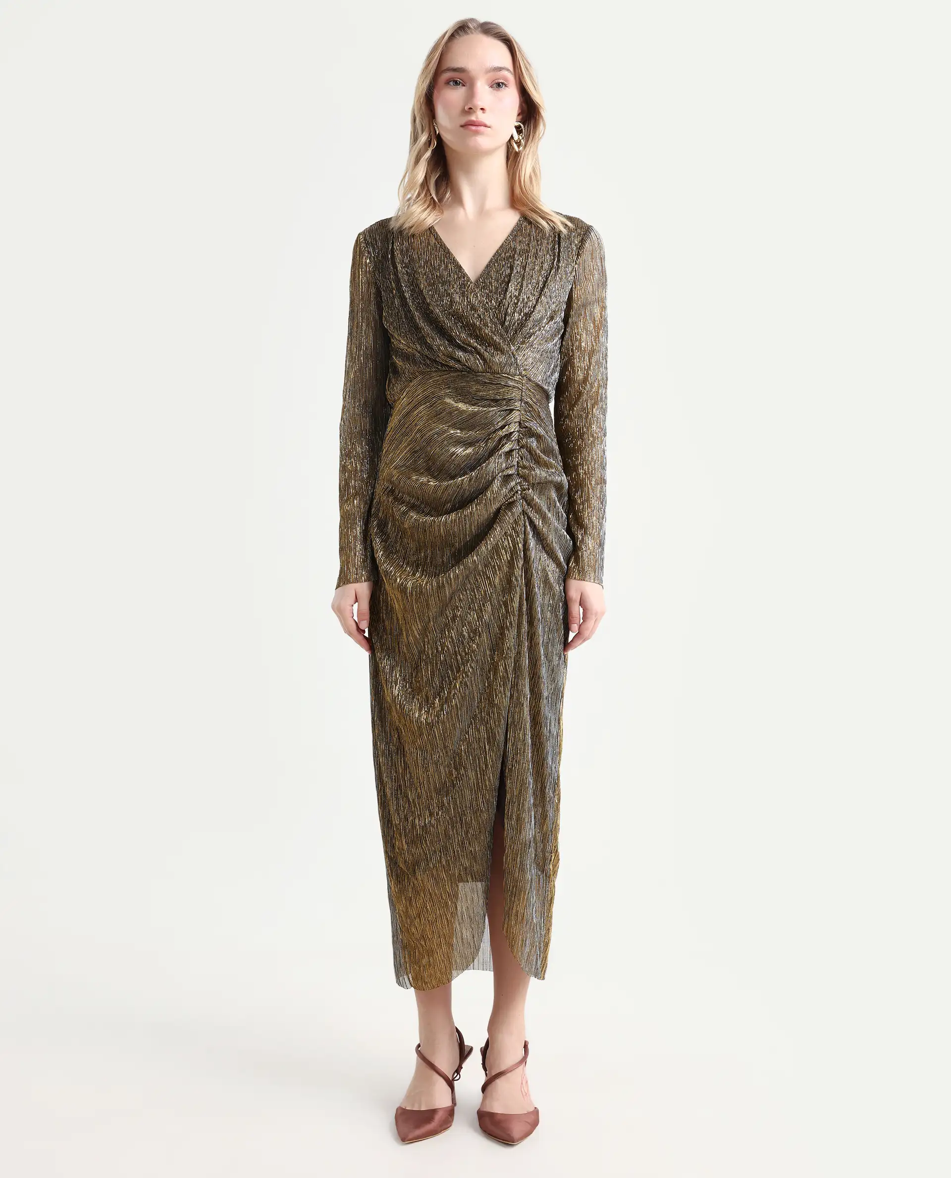 Rareism Women's Siga Metalic Gold Polyester Blend Collarless Shimmer Maxi Regular Fit Dress - Image 3