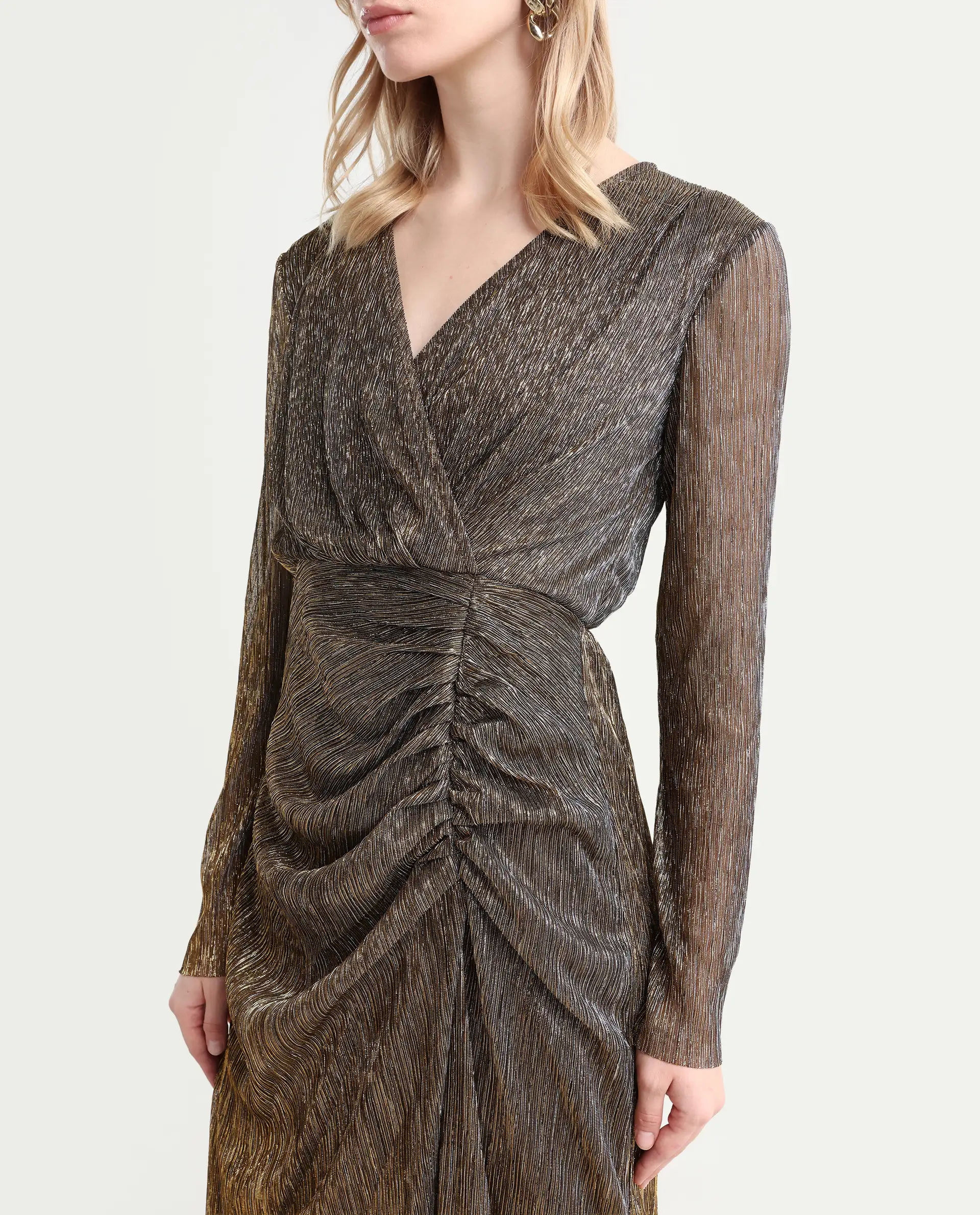 Rareism Women's Siga Metalic Gold Polyester Blend Collarless Shimmer Maxi Regular Fit Dress - Image 4