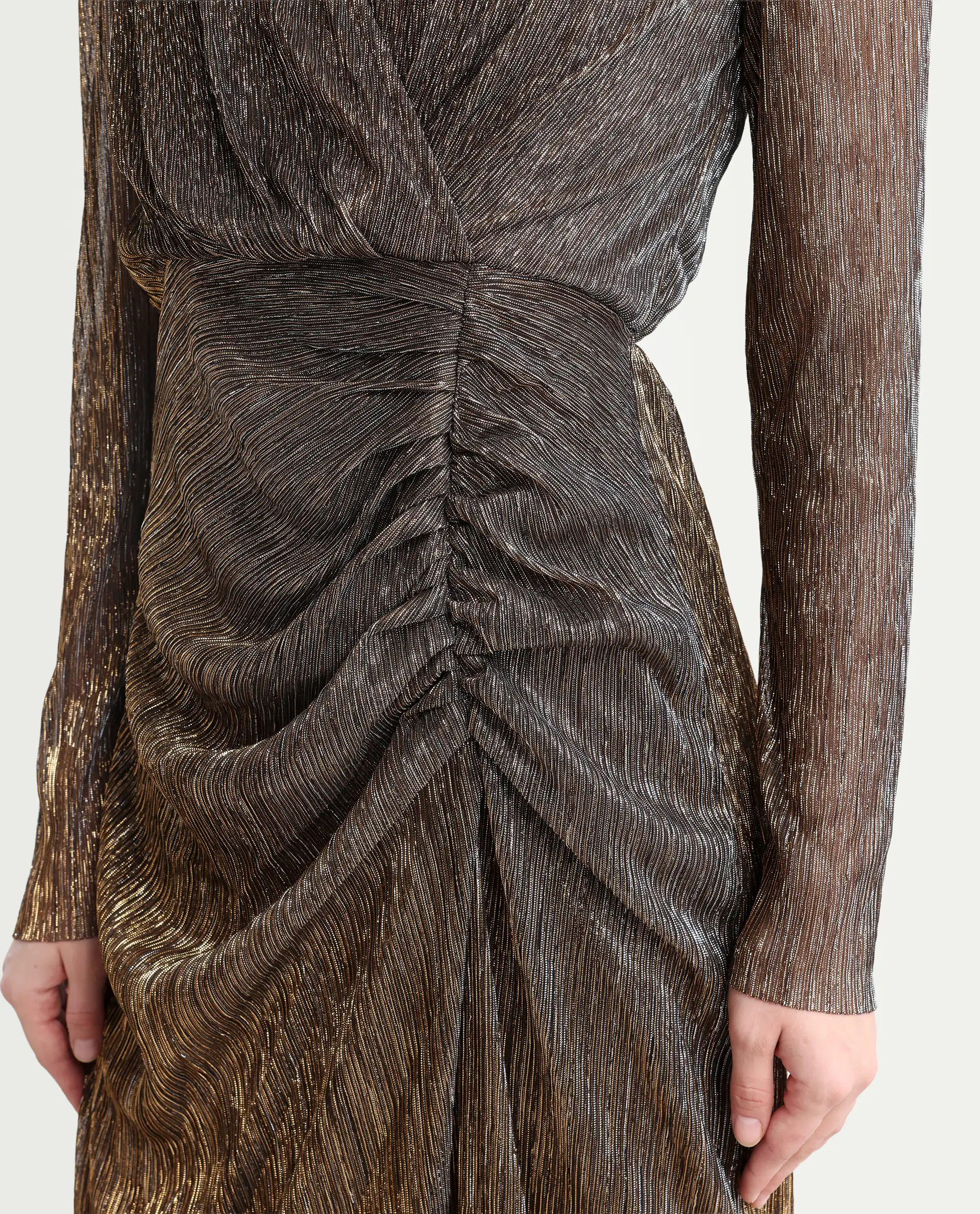 Rareism Women's Siga Metalic Gold Polyester Blend Collarless Shimmer Maxi Regular Fit Dress - Image 5