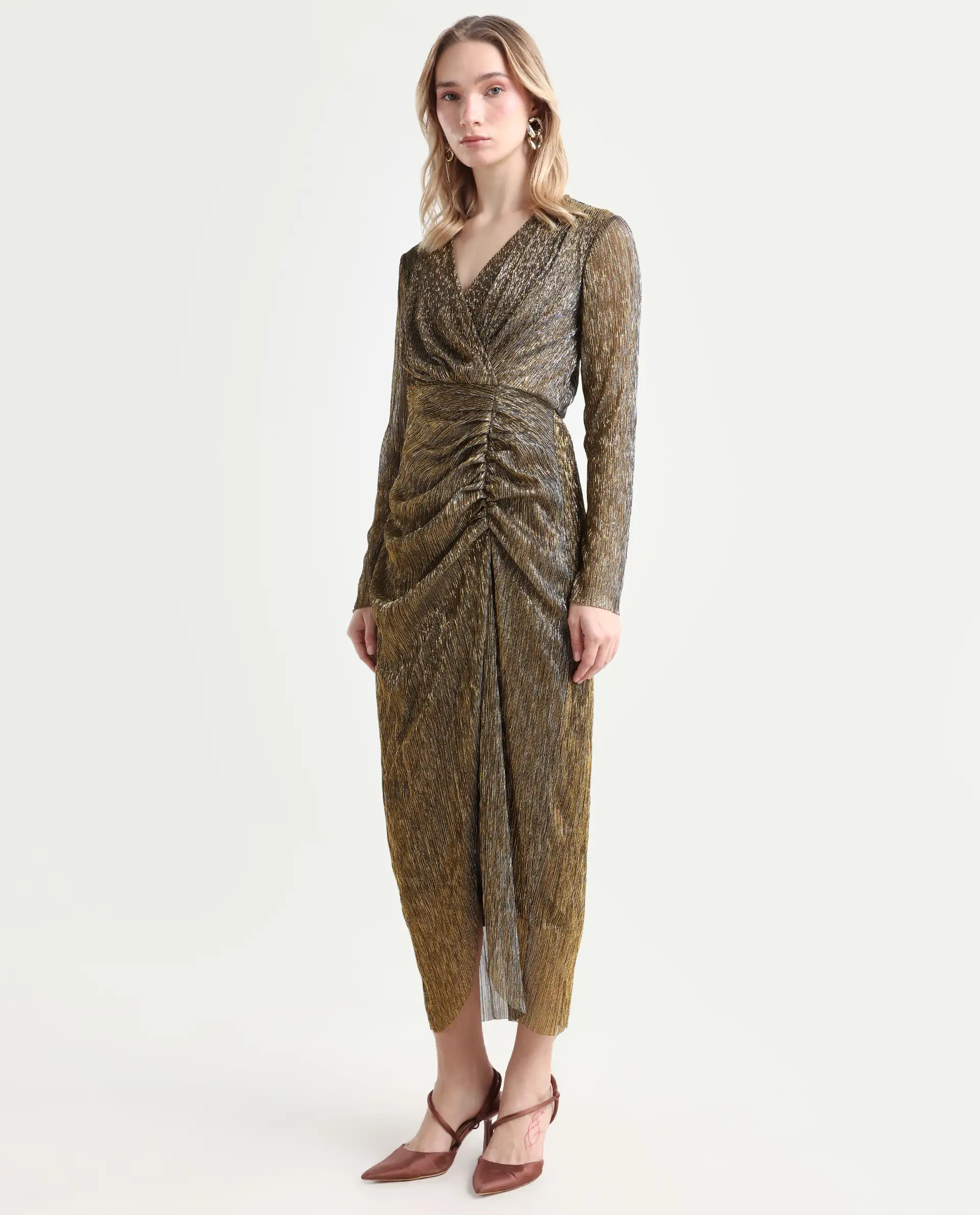 Rareism Women's Siga Metalic Gold Polyester Blend Collarless Shimmer Maxi Regular Fit Dress - Image 6