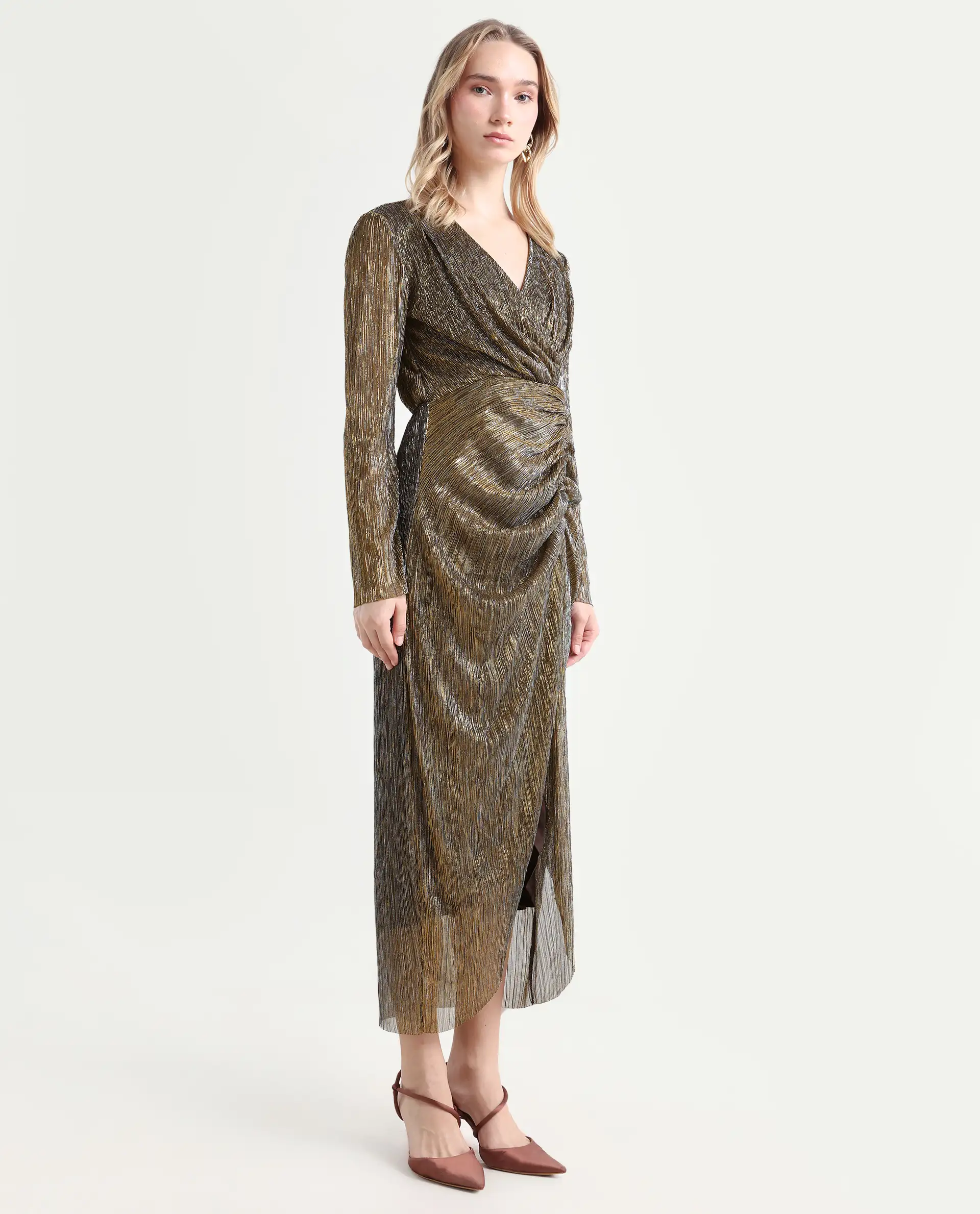 Rareism Women's Siga Metalic Gold Polyester Blend Collarless Shimmer Maxi Regular Fit Dress - Image 7